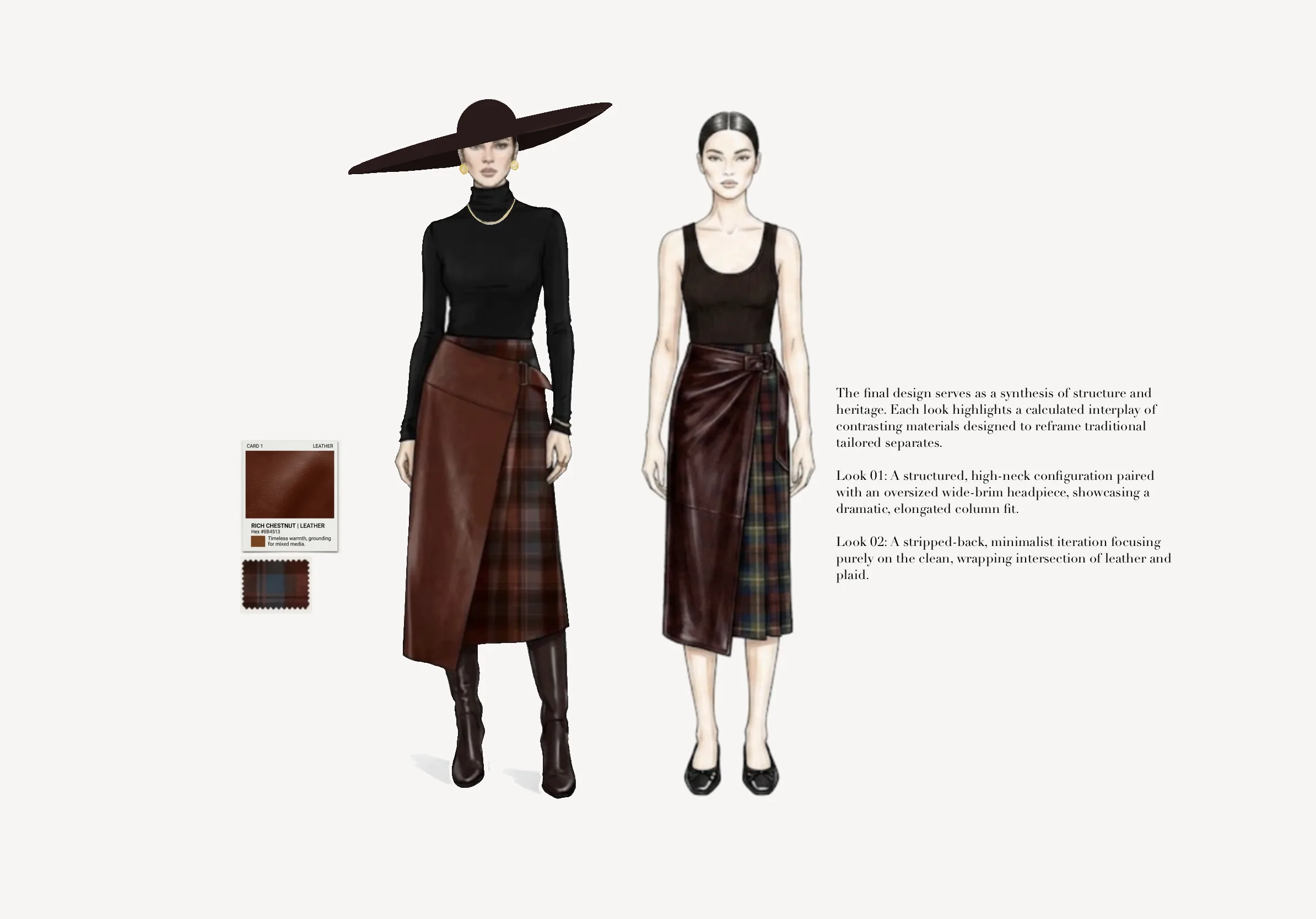 Final looks — Look 01, the high-neck column styling under an oversized wide-brim hat; Look 02, the stripped-back minimalist iteration of the leather-and-plaid wrap.