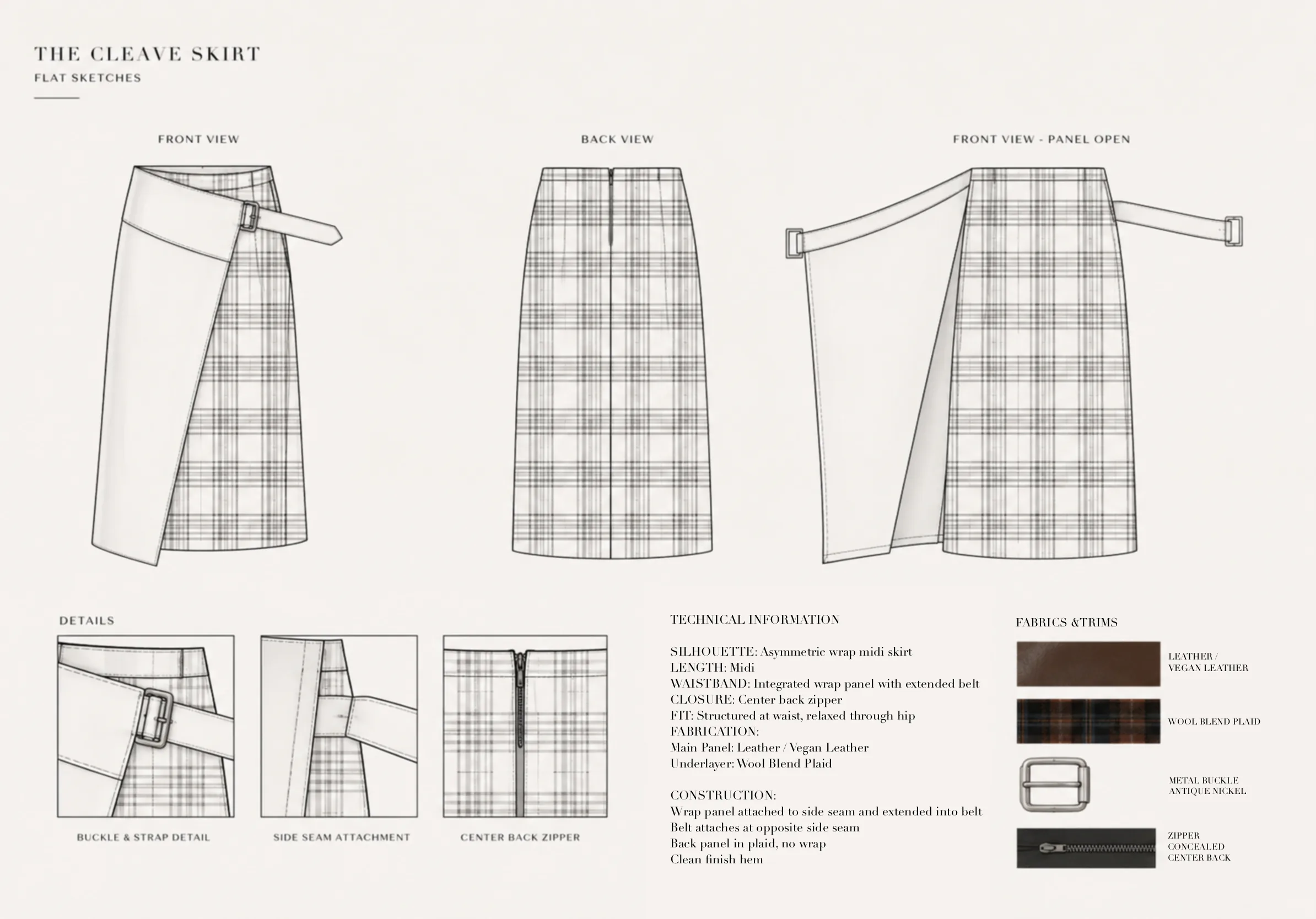 The Cleave Skirt flat sketches — front, back and panel-open technical flats with buckle, side-seam and zipper details, technical information and fabric and trim cards.