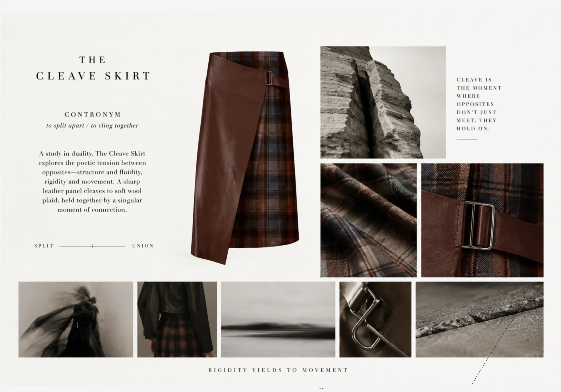 Concept board — 'The Cleave Skirt', contronym: to split apart / to cling together; the wrap skirt among cleft-rock, fabric and buckle references over the line 'rigidity yields to movement'.