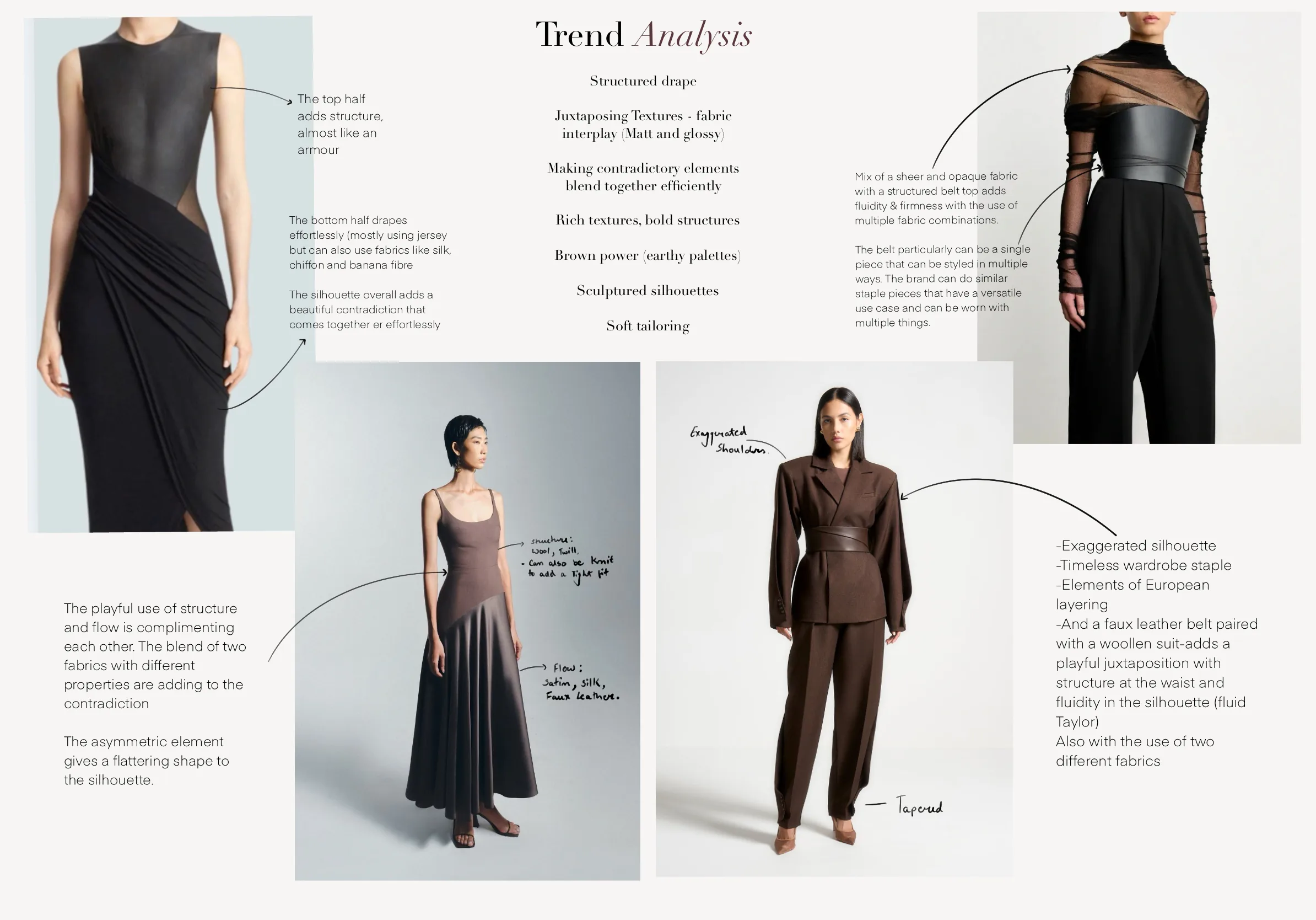 Trend analysis — structured drape, juxtaposing matt and glossy textures, earthy palettes and sculptured silhouettes annotated across four styled references.