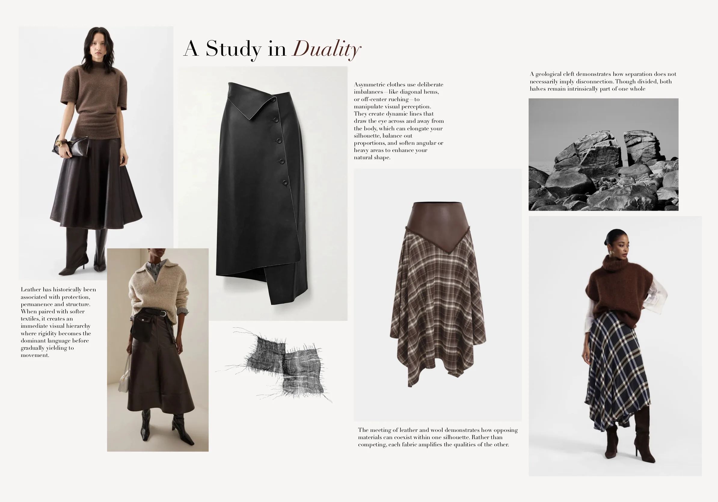 'A Study in Duality' spread — asymmetric leather skirt references and a leather-yoked plaid skirt, on how opposing materials coexist within one silhouette.
