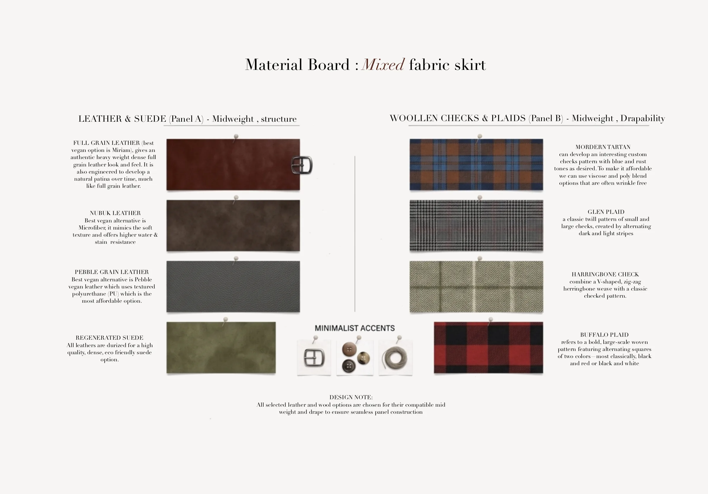 Material board — leather and suede options for the structured panel beside woollen checks and plaids for the drape, with vegan alternatives and minimalist hardware accents.