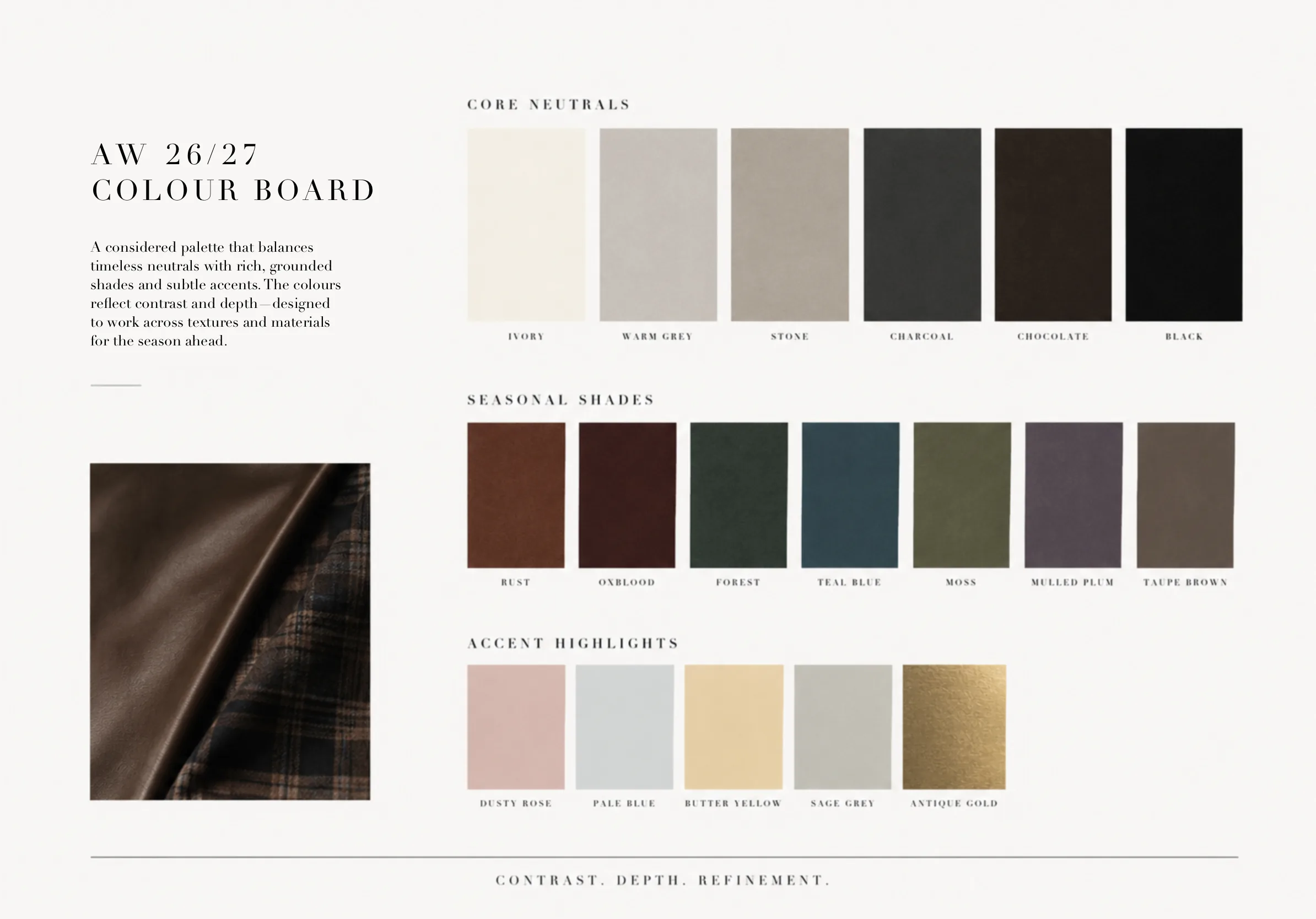 AW 26/27 colour board — core neutrals, seasonal shades and accent highlights, pinned beside the leather-and-plaid pairing.