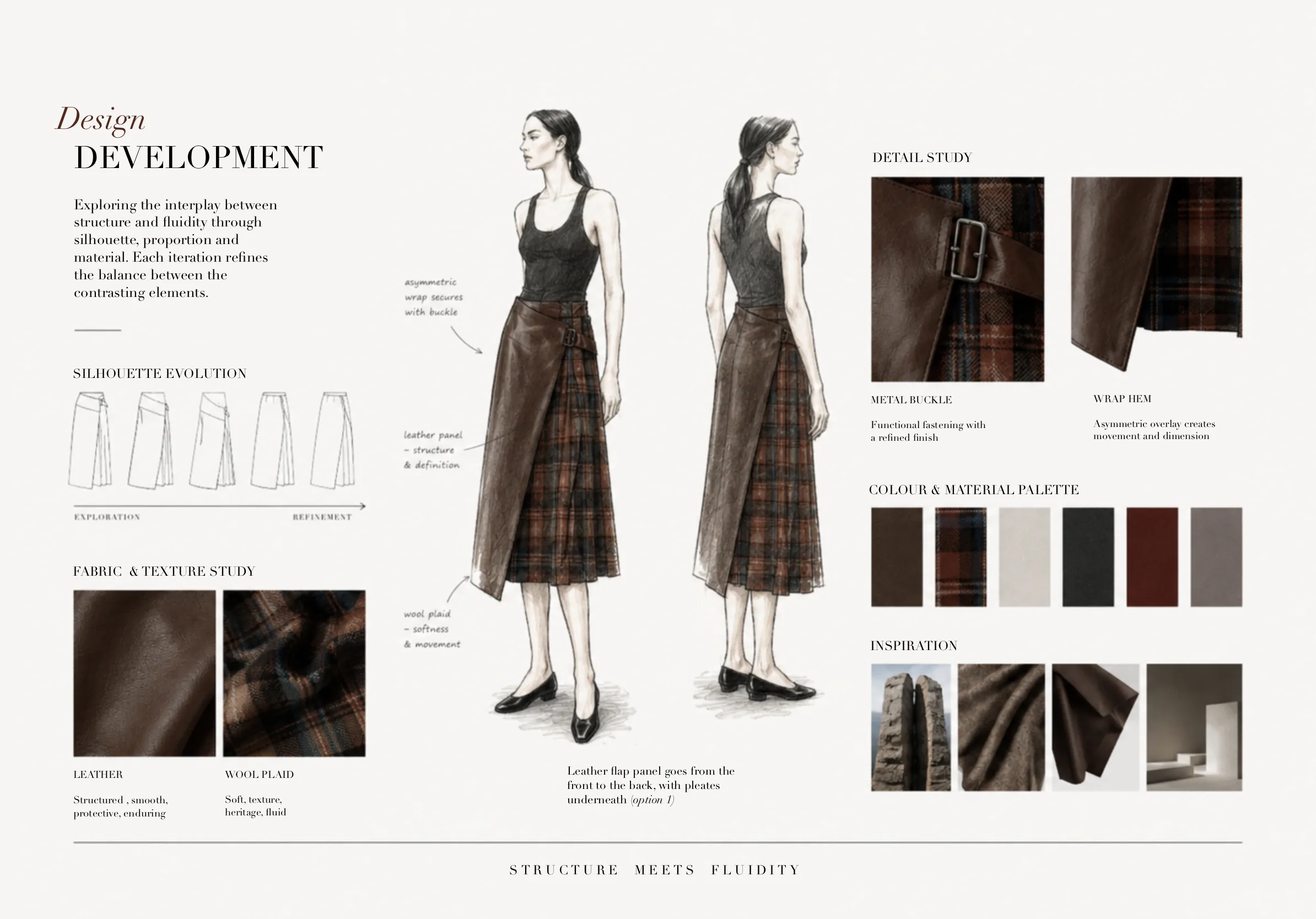 Design development — silhouette evolution flats, annotated front and side illustrations of the buckled wrap, fabric and texture studies and the buckle and hem detail study (option 1).