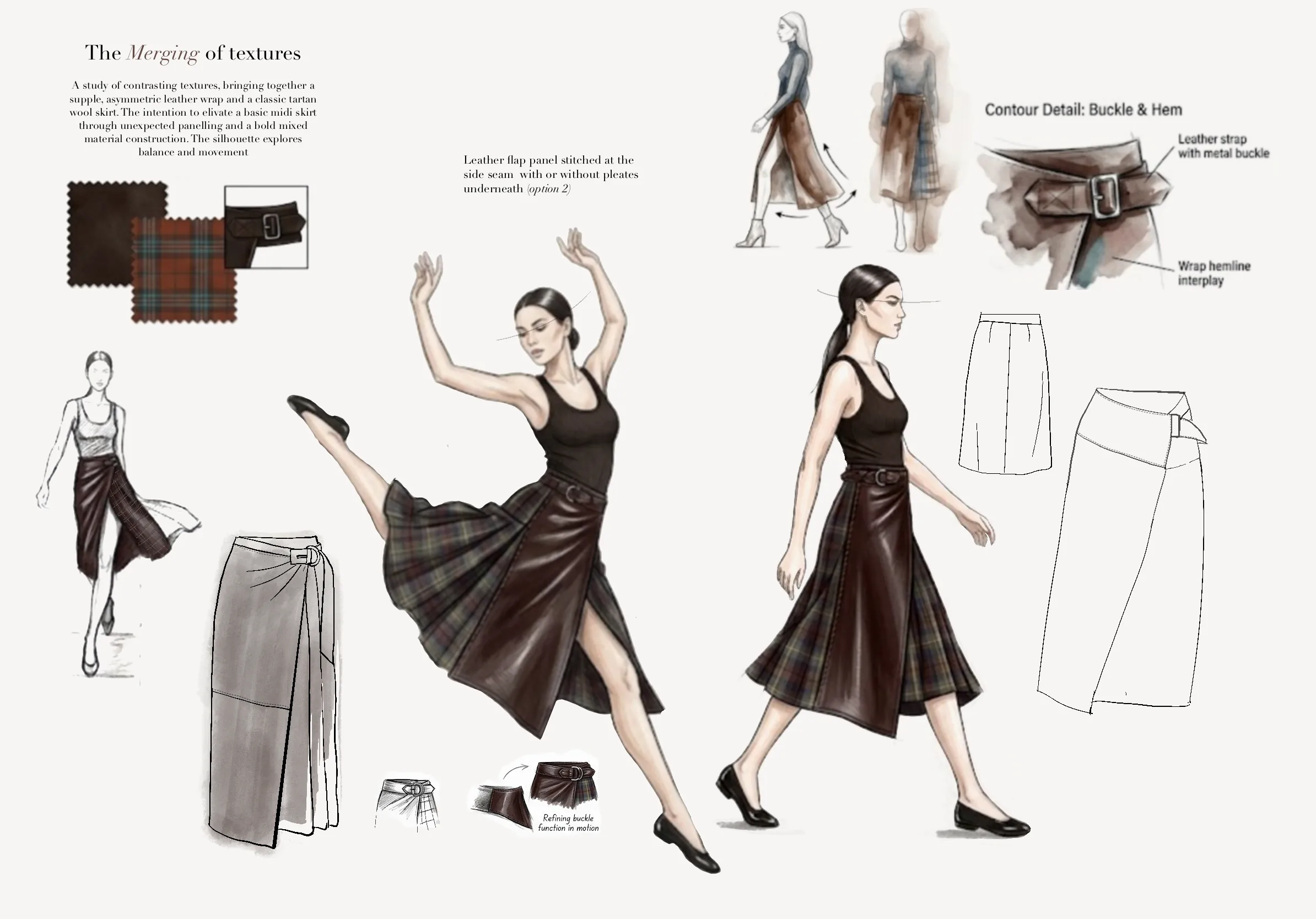 'The Merging of textures' — the pleated variation drawn in motion on a dancer, walking illustrations and flats refining the buckle and wrap hemline (option 2).