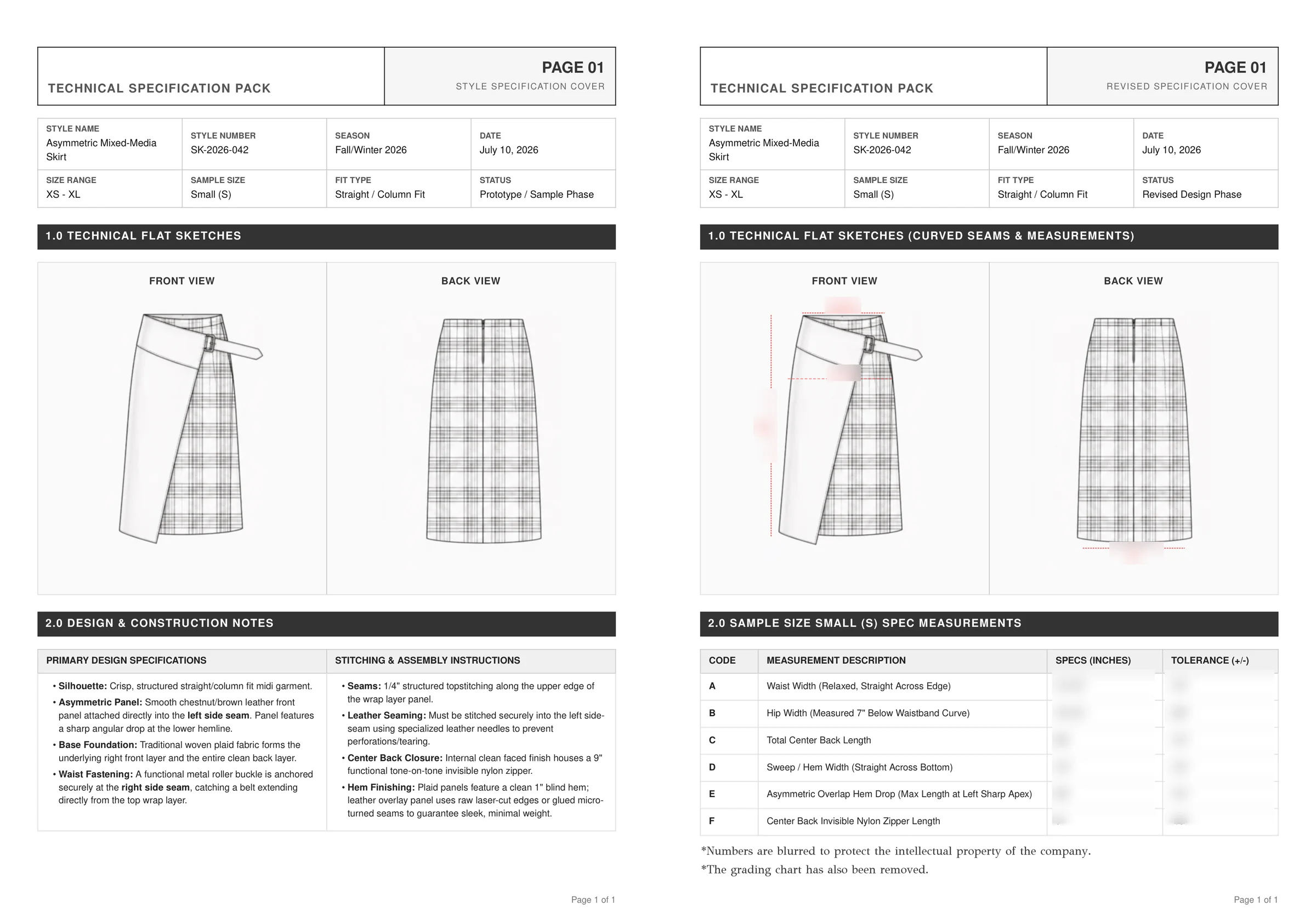 Tech pack cover pages — front and back flats with design and construction notes beside the revised cover; sample-size measurements blurred to protect the company's intellectual property.
