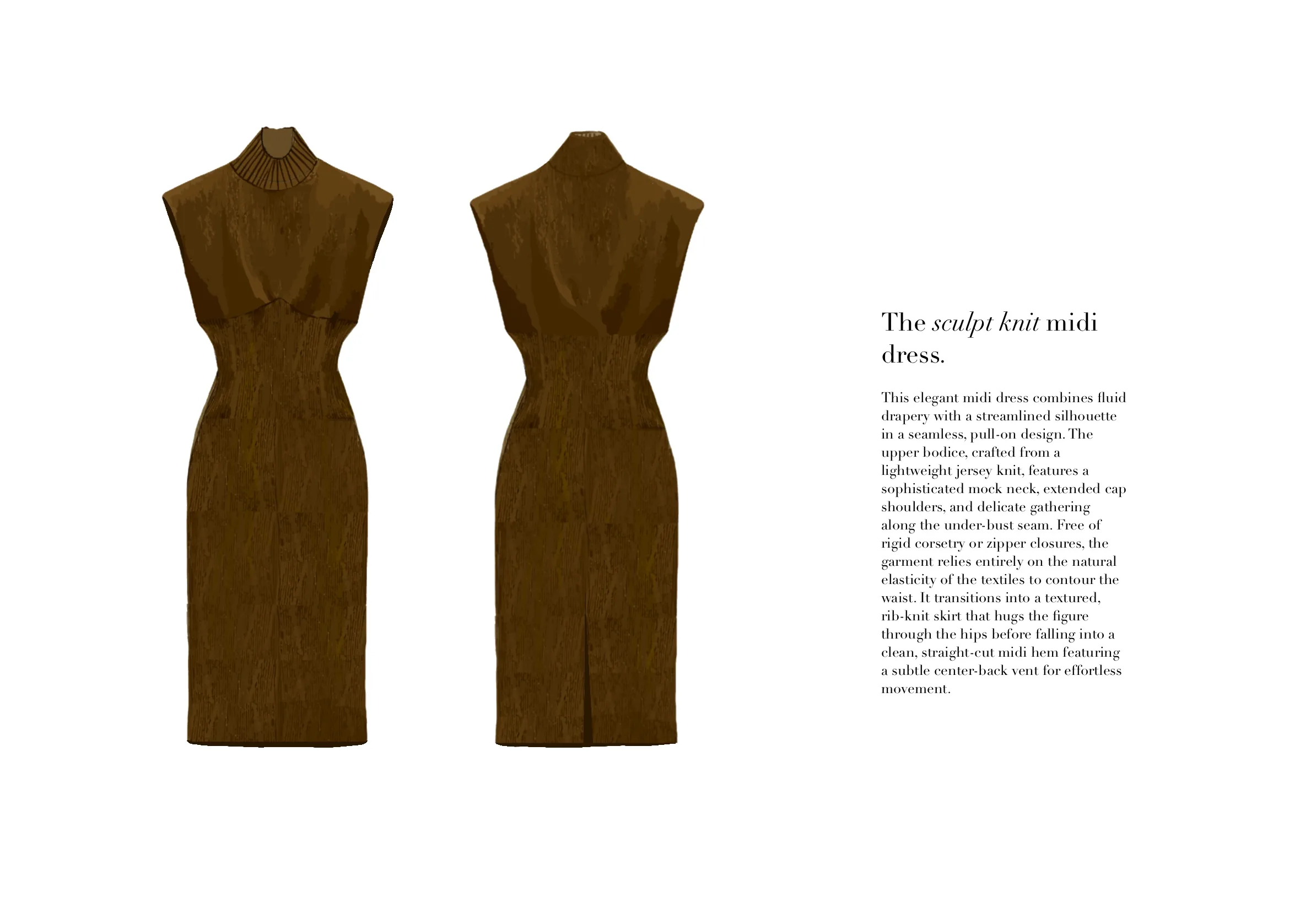'The sculpt knit midi dress' spread — front and back CAD renders of the high-neck midi beside the design description.