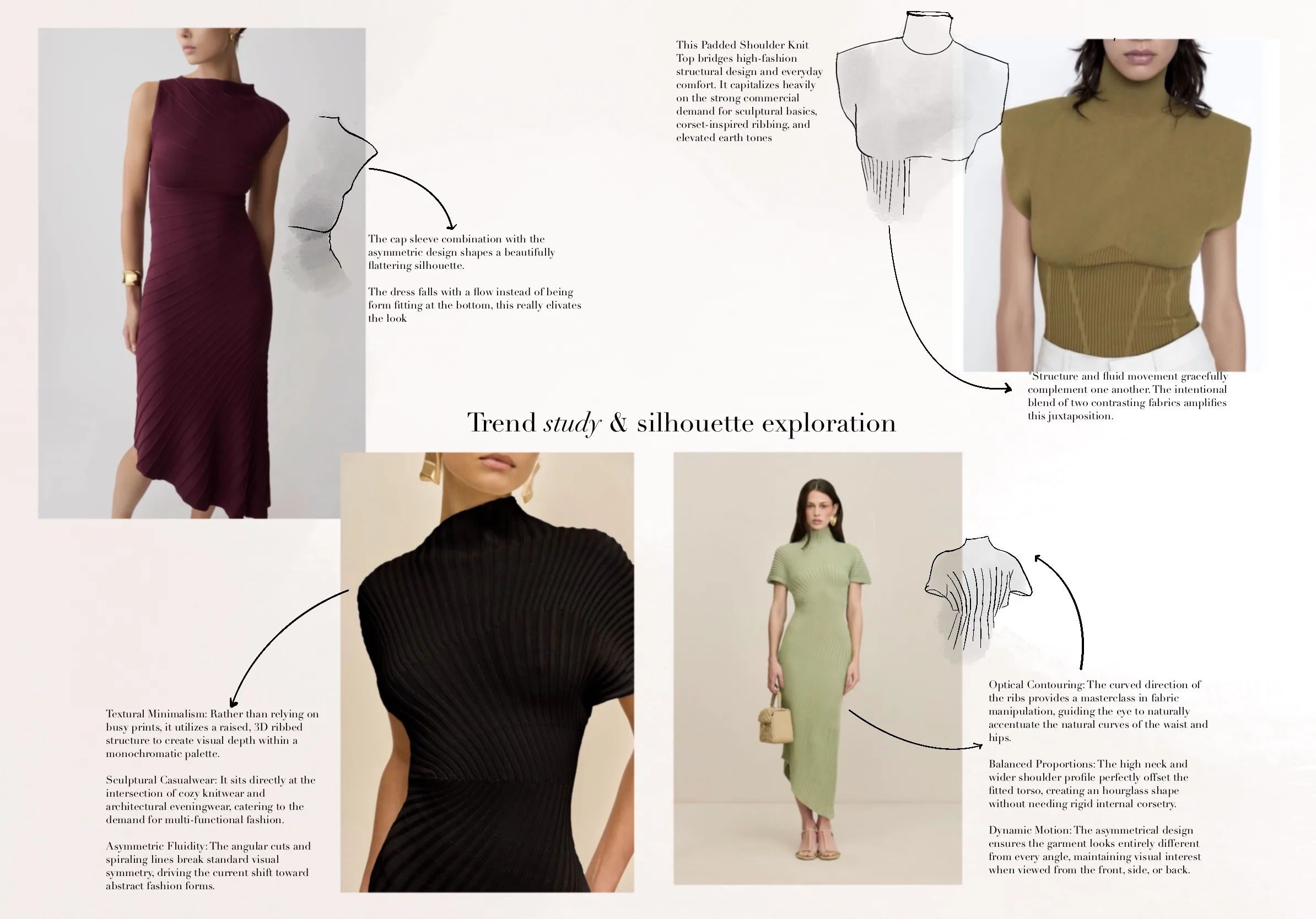 Trend study & silhouette exploration spread — four knit-dress references annotated for silhouette, ribbing and optical contouring.