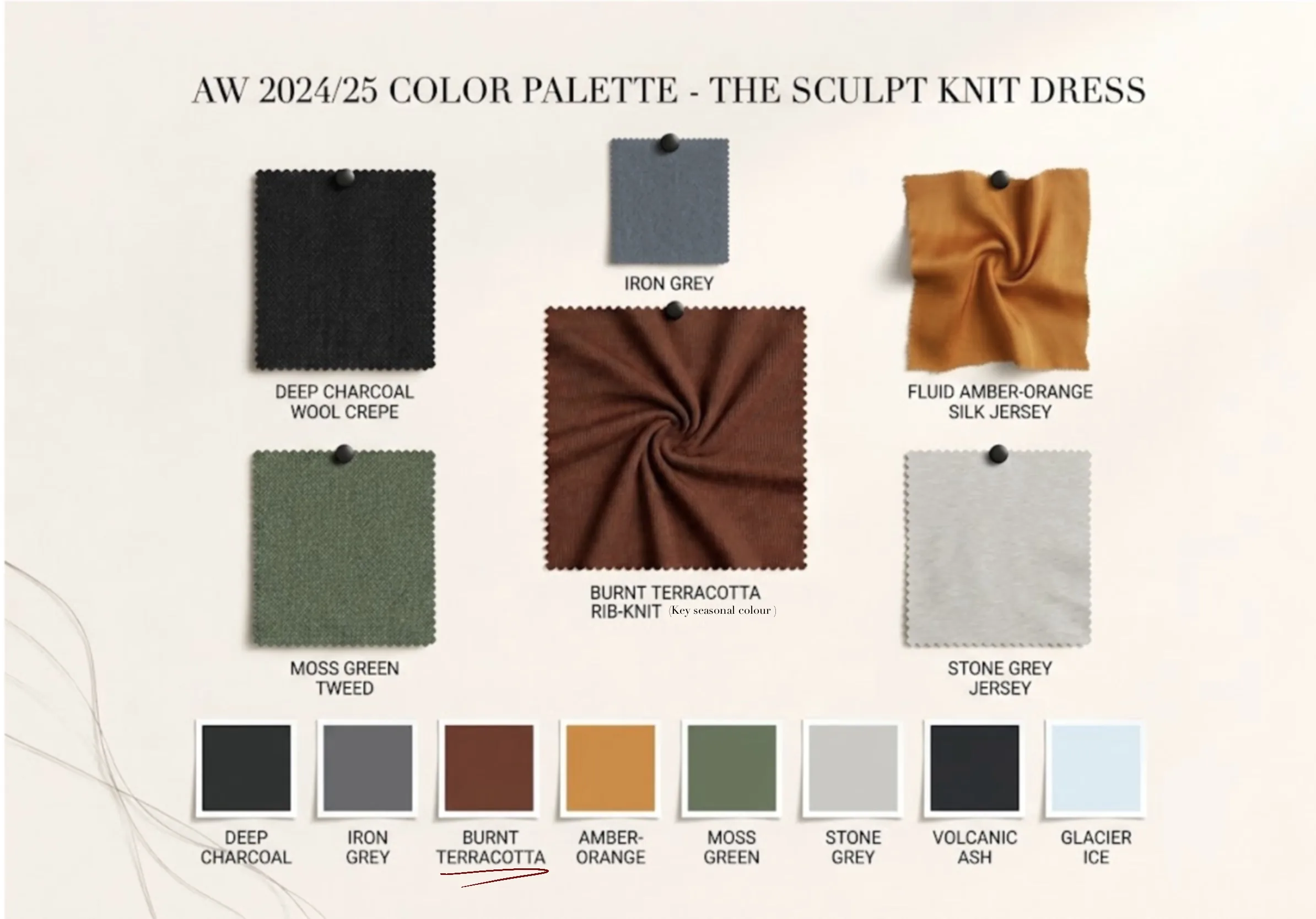 AW 2024/25 colour palette — pinned fabric swatches for the Sculpt Knit Dress with burnt terracotta rib-knit as the key seasonal colour.