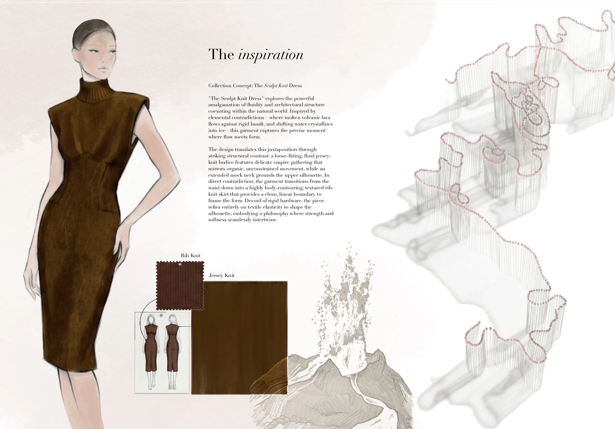 'The inspiration' spread — the collection concept on flow meeting form, beside a sketched figure in the dress and thread-and-form studies.