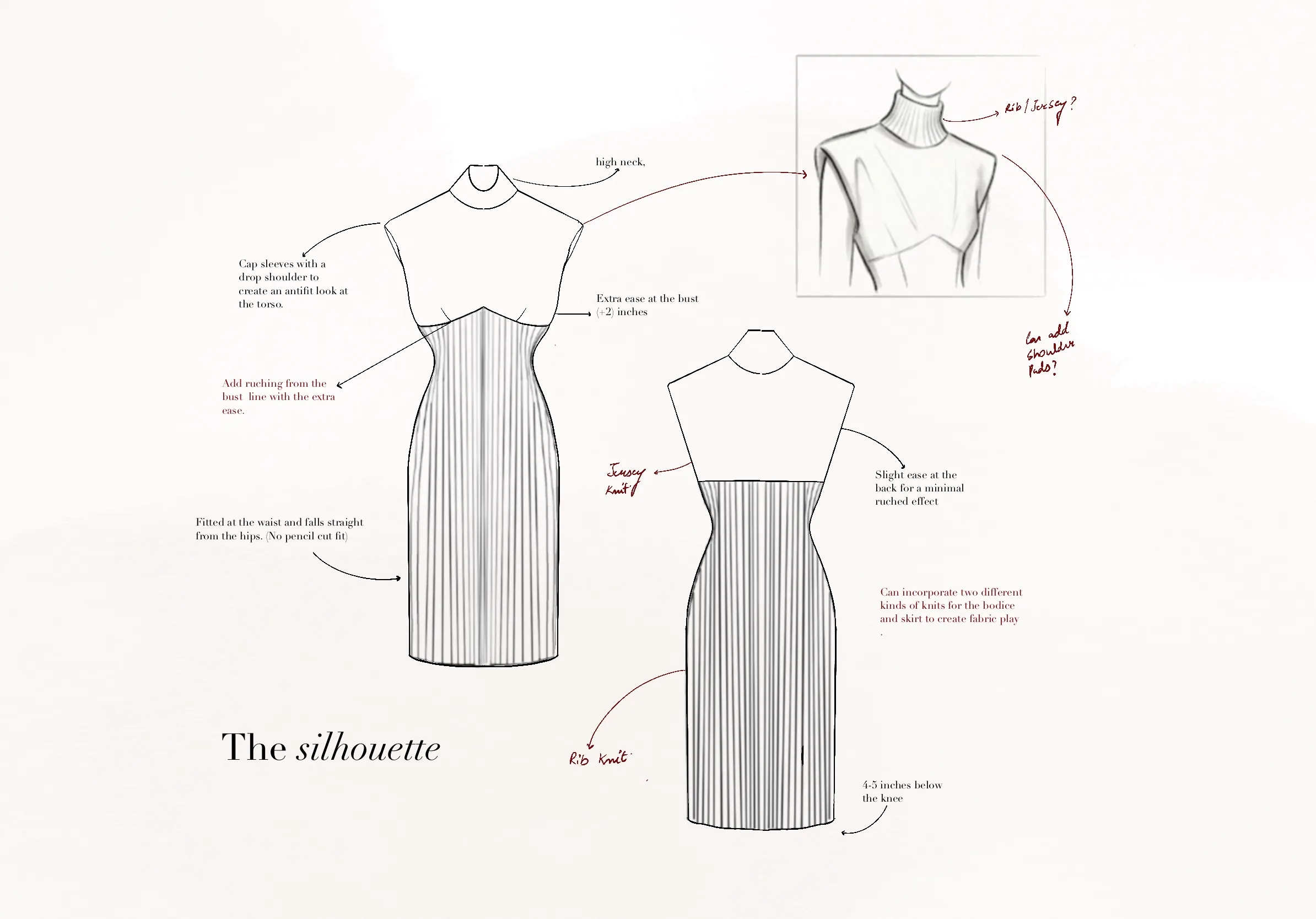 'The silhouette' spread — front and back flats annotated with cap sleeves, ruching and rib/jersey knit call-outs, with hand notes in red.