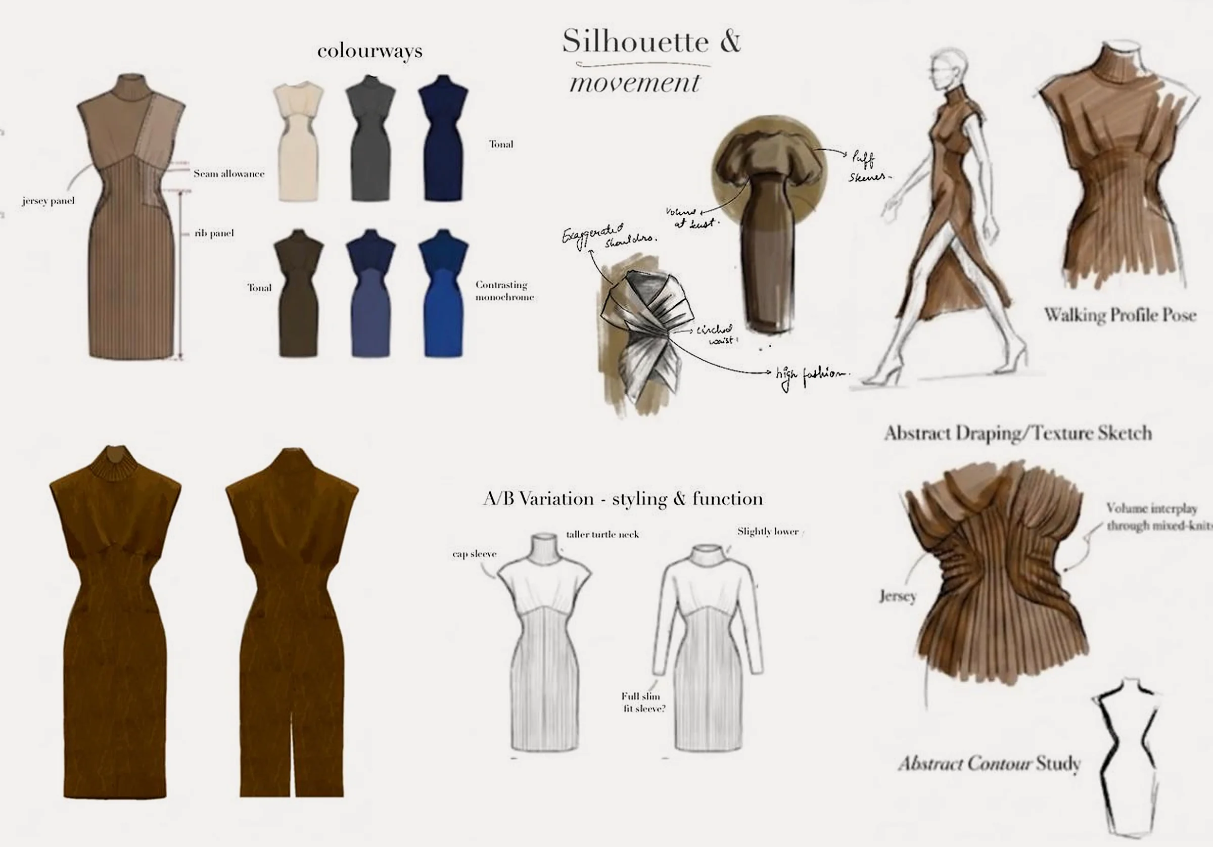 Silhouette and movement — colourway studies across tonal and contrasting monochrome palettes, A/B styling variations of the turtle-neck silhouette, a walking profile pose, and abstract draping, texture and contour studies in mixed knits.