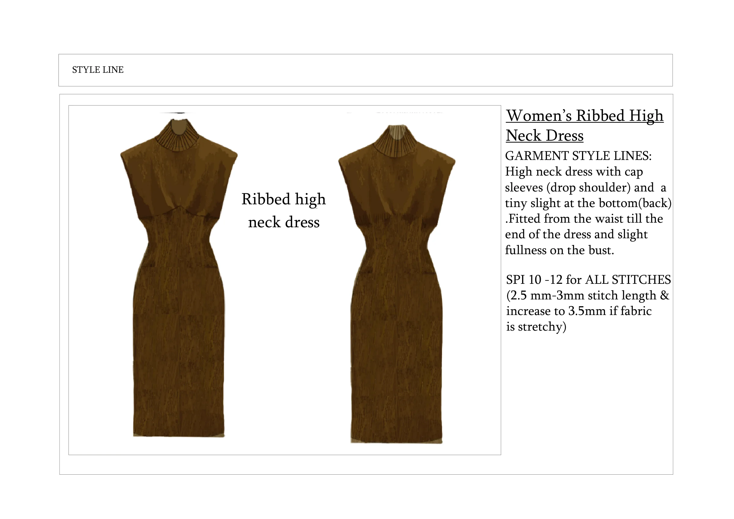 Tech pack style-line page — front and back renders of the ribbed high neck dress beside the garment style lines and stitch spec.