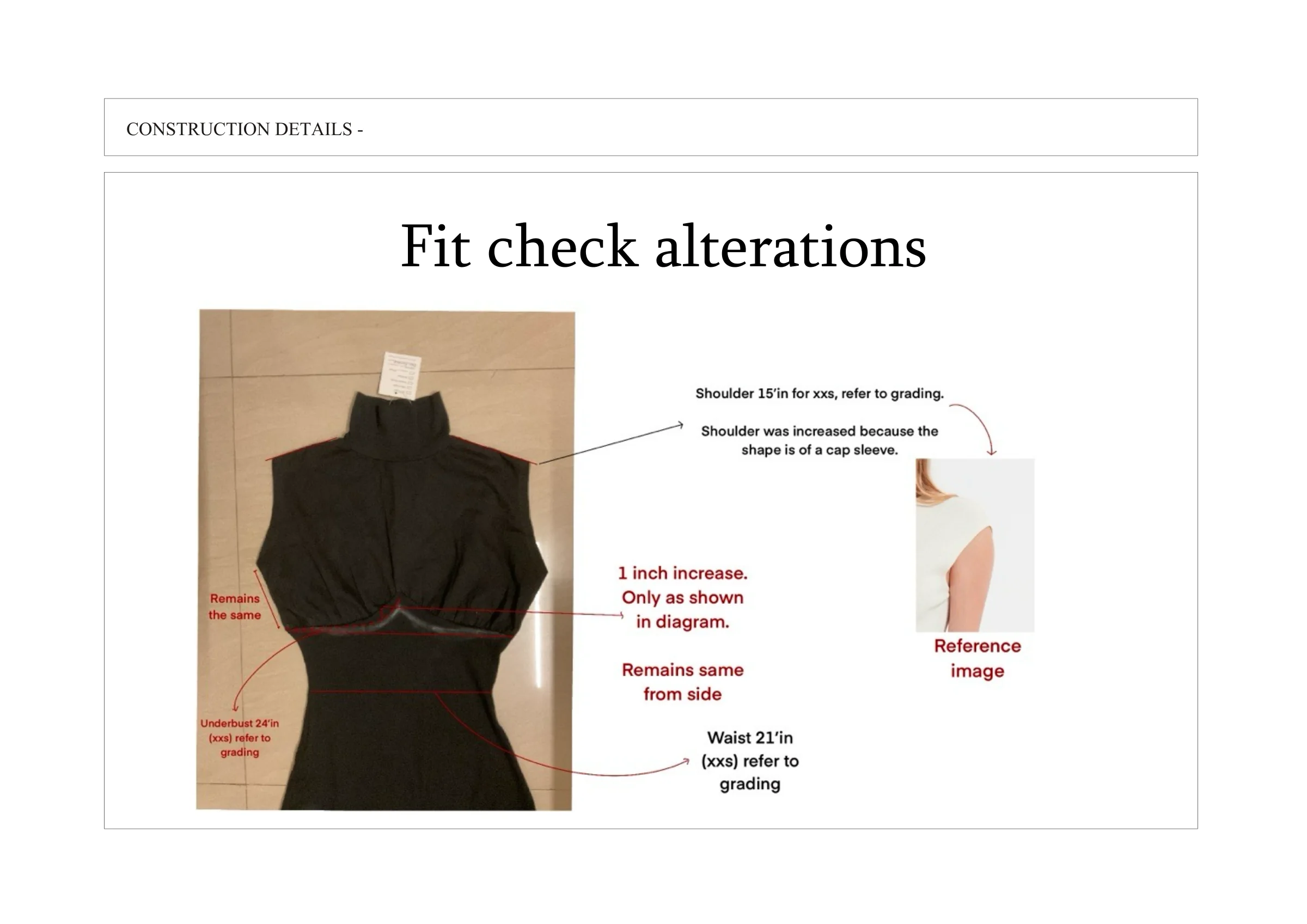 Tech pack fit check alterations — the black fit sample laid flat, annotated with shoulder, underbust and waist adjustments.