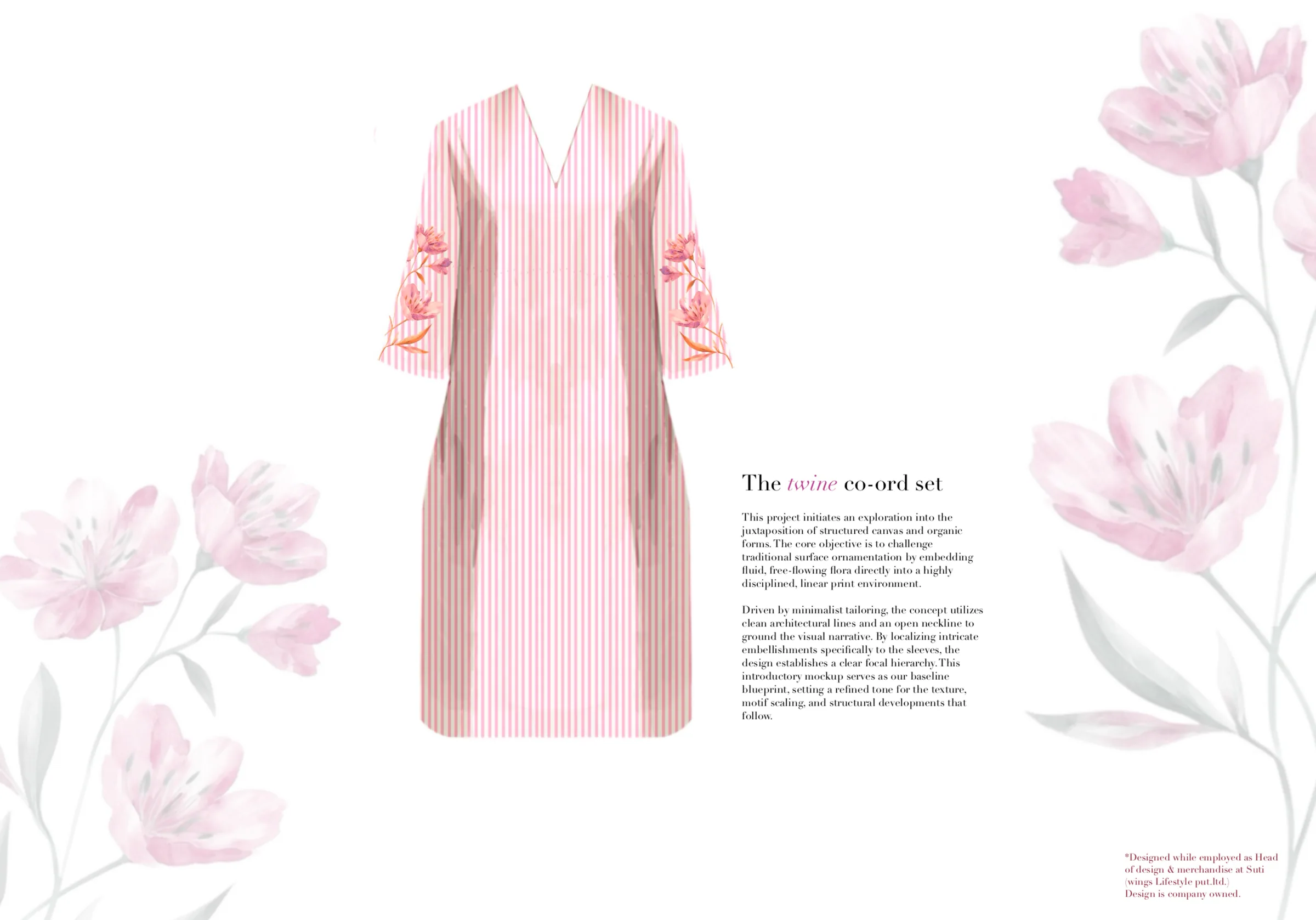 'The twine co-ord set' spread — the pink-and-white striped tunic with floral sleeve embroidery, beside the introduction on embedding free-flowing flora into a disciplined linear print.