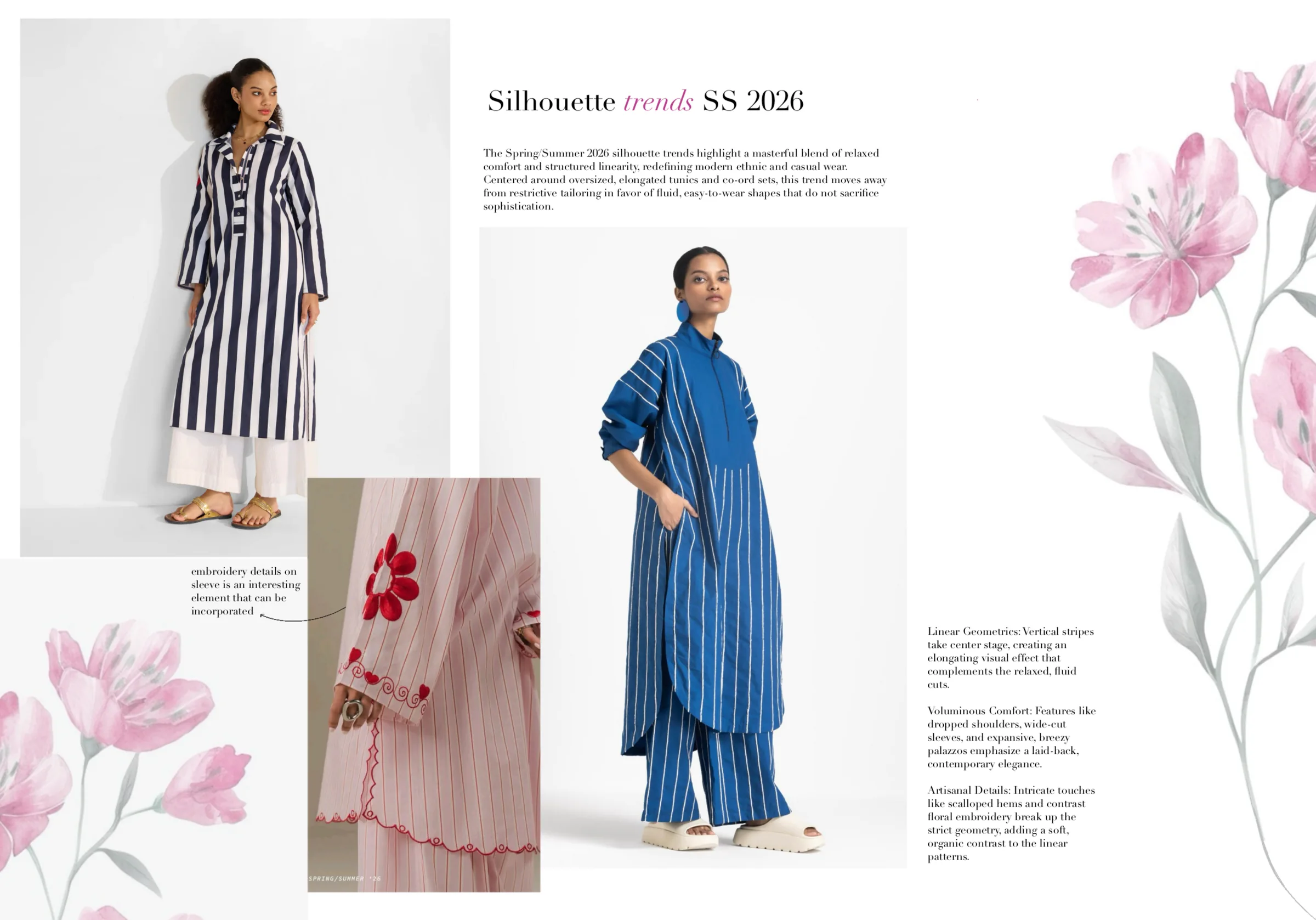 Silhouette trends SS 2026 spread — relaxed, elongated striped tunics and co-ord sets on a navy and a blue look, annotated with linear geometry, voluminous comfort and artisanal-detail notes.