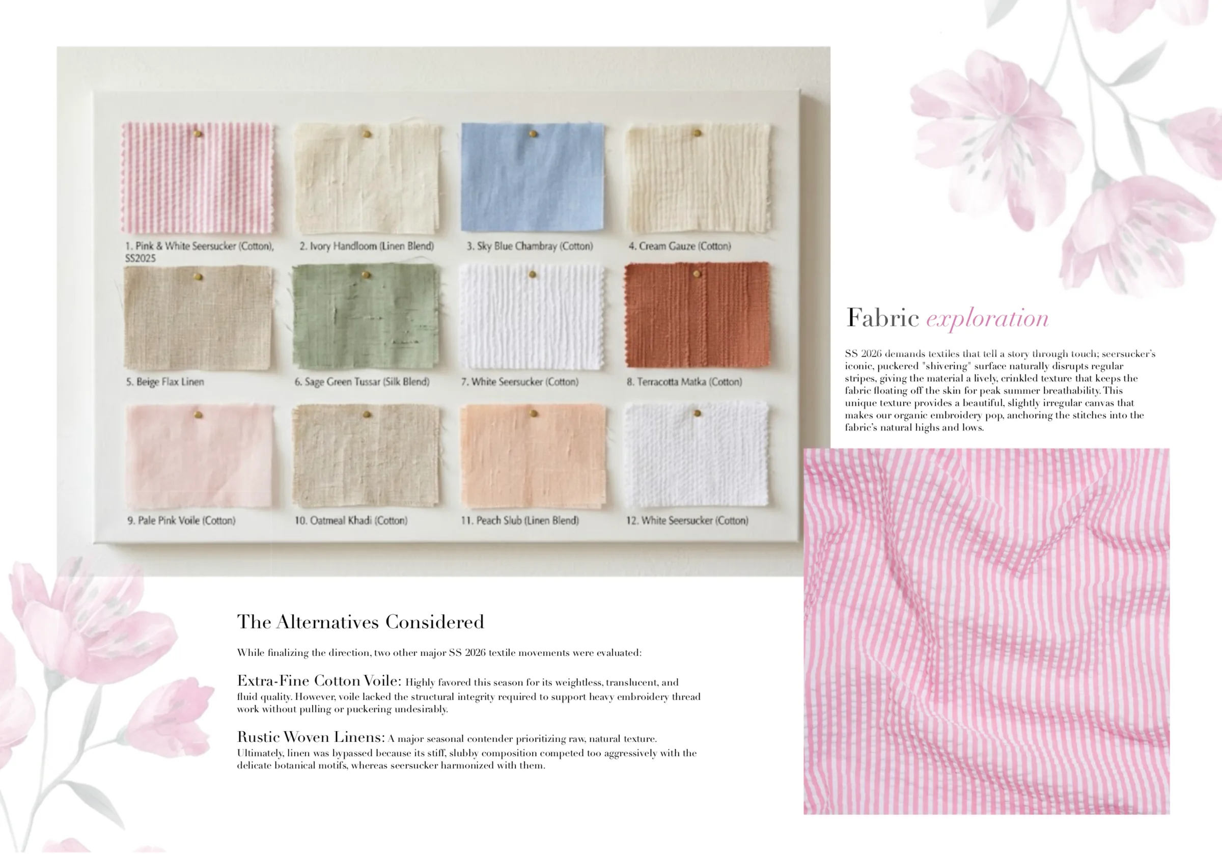 Fabric exploration spread — a pinned board of twelve cotton and linen-blend swatches led by pink seersucker, beside notes on the puckered seersucker surface and the voile and linen alternatives considered.