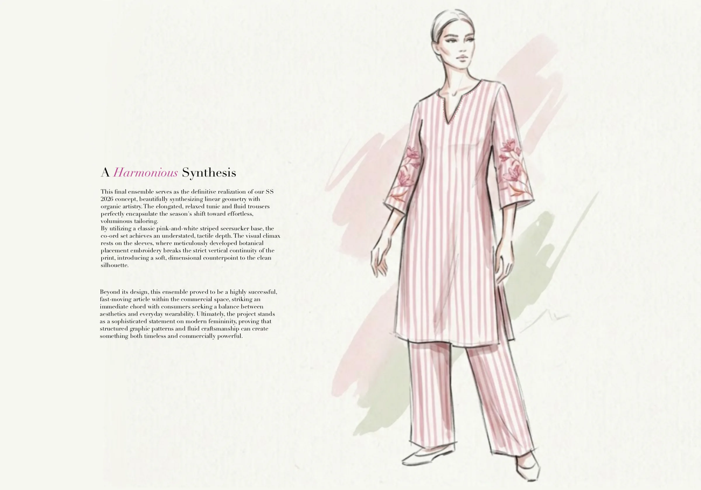 'A harmonious synthesis' spread — the final illustrated ensemble, the elongated pink-striped seersucker tunic and fluid palazzo with placement sleeve embroidery, beside the closing design and commercial note.