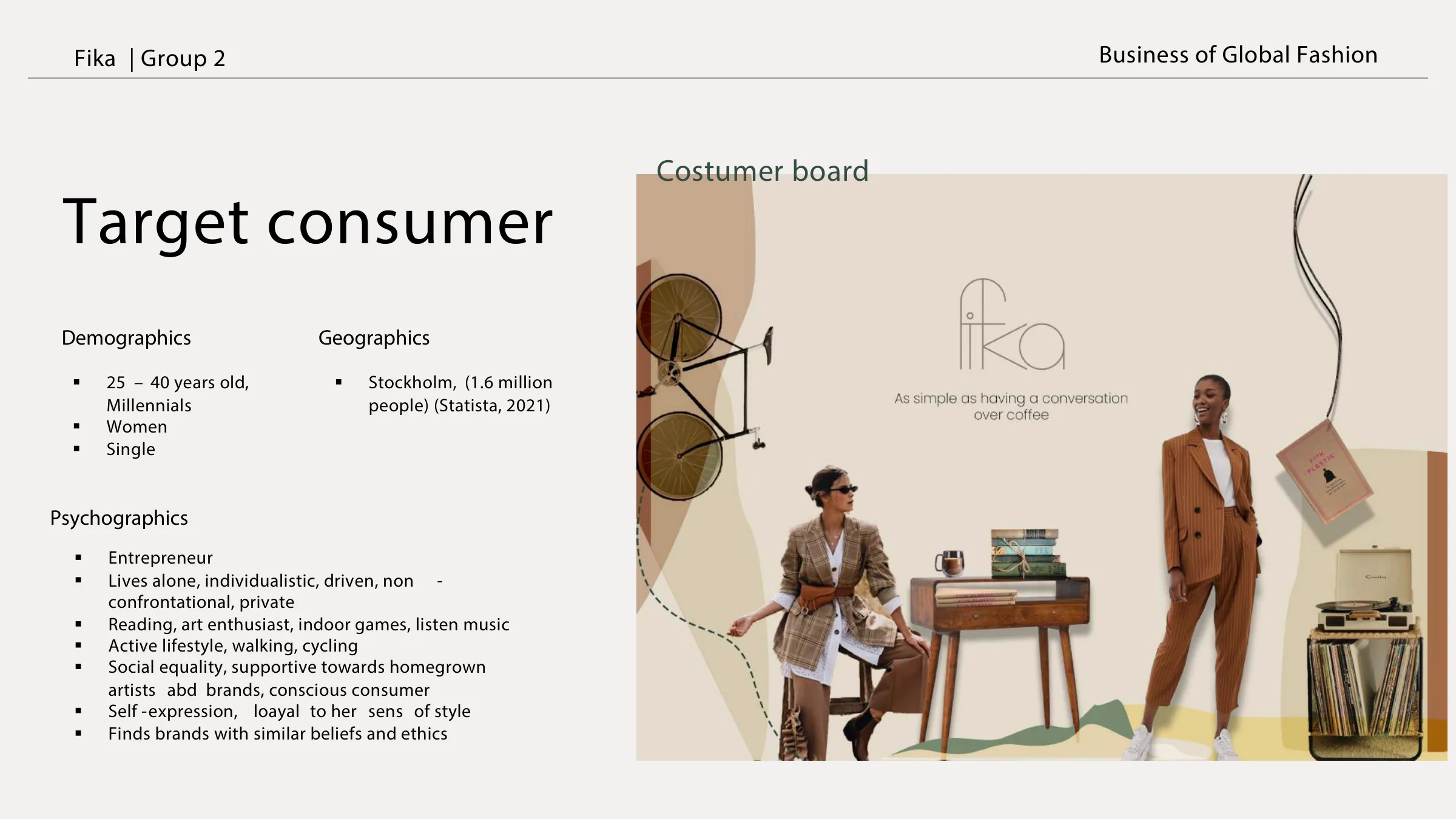 Target consumer — demographics, geographics and psychographics of the Stockholm millennial customer, beside the Fika customer board: 'as simple as having a conversation over coffee'.
