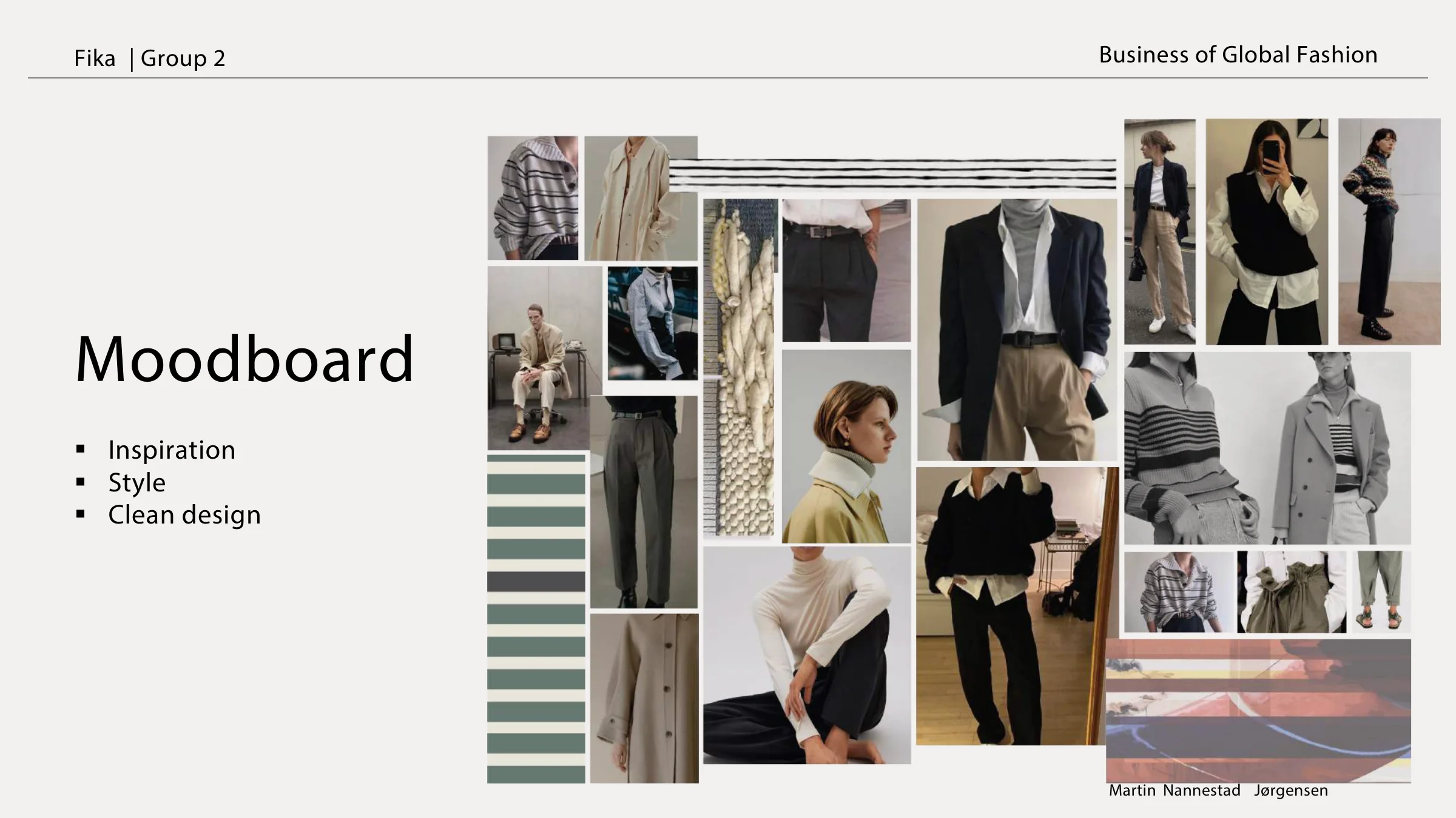 Moodboard — inspiration, style and clean design: a collage of minimalist knits, relaxed tailoring and muted stripes in greys, creams and greens.