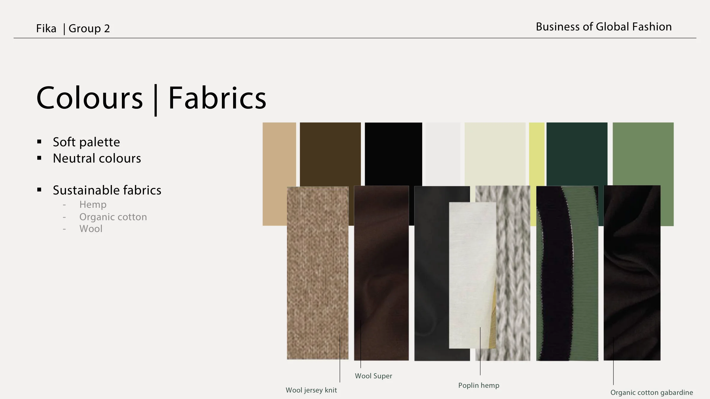 Colours and fabrics — a soft neutral palette with sustainable hemp, organic cotton and wool: wool jersey knit, wool super, poplin hemp and organic cotton gabardine swatches.