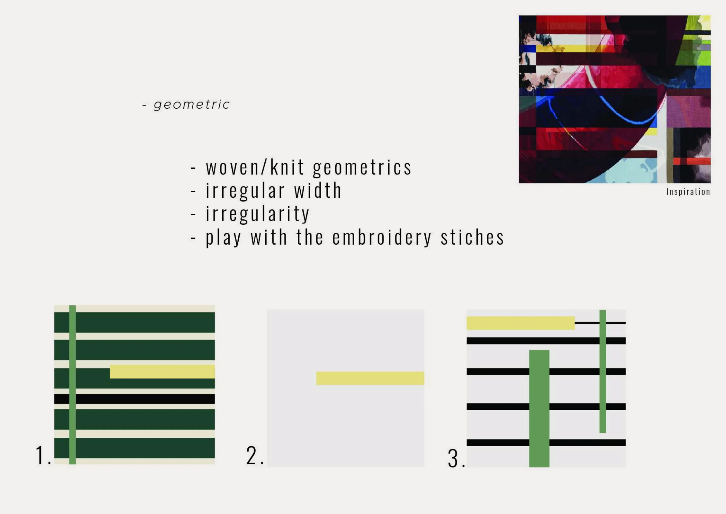 Print development — geometric: woven and knit geometrics with irregular widths playing with embroidery stitches, three placement studies beside the painterly inspiration artwork.