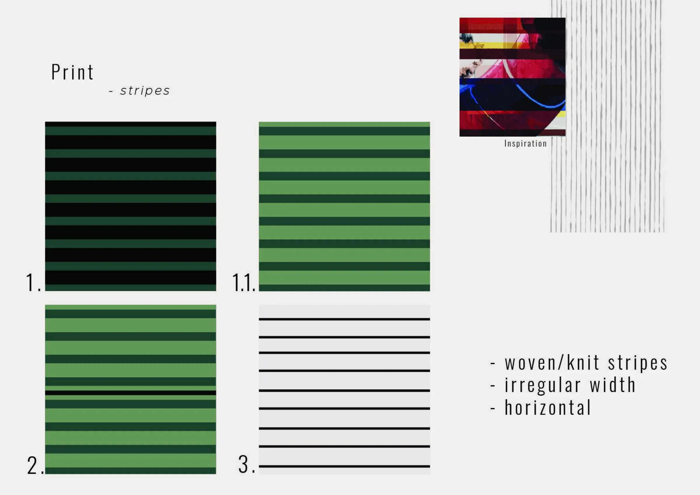 Print development — stripes: woven and knit stripe variations in forest green, sage and off-white, drawn from the same inspiration artwork.