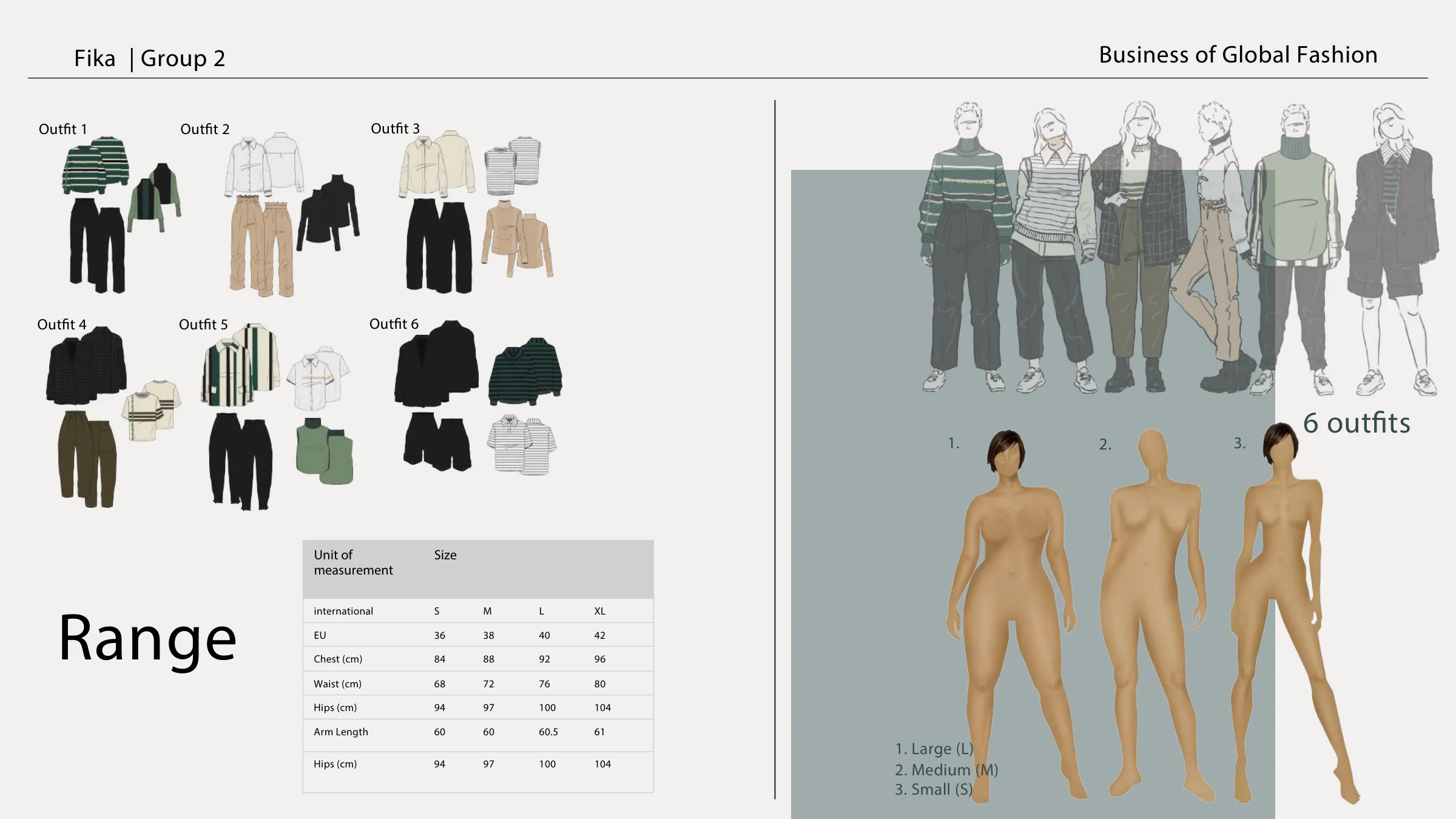 Range — six outfit flat-lays with the size chart, beside the illustrated outfit line-up and three fit models covering sizes S to L.