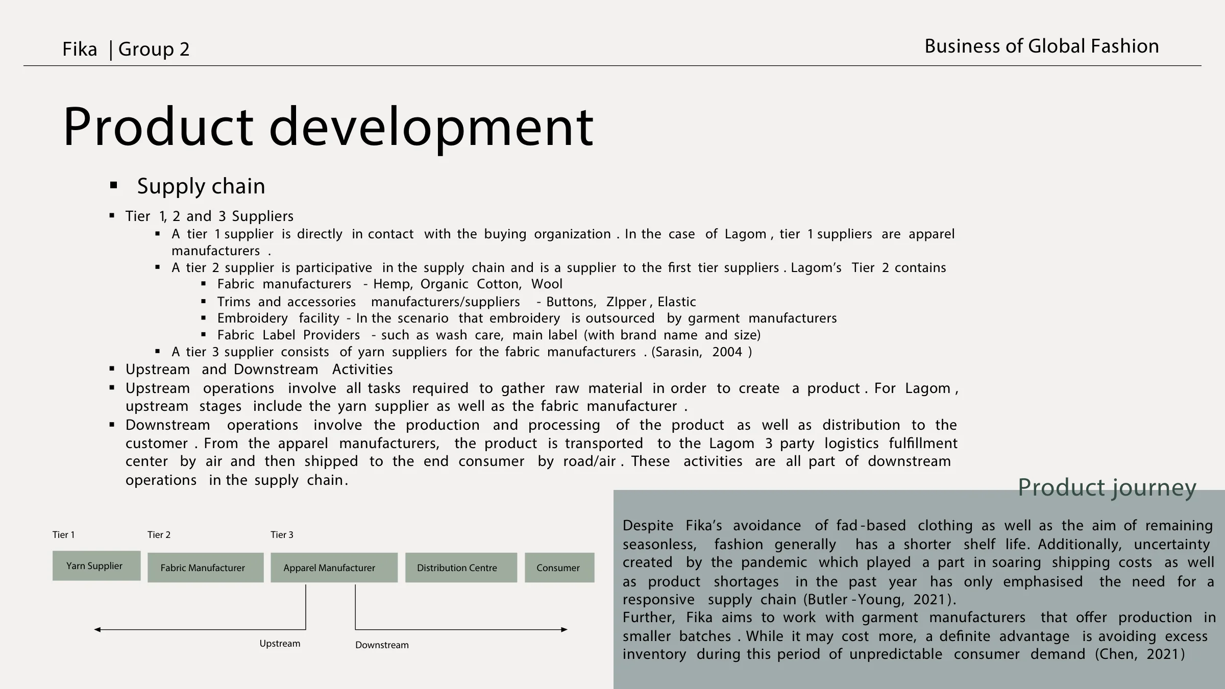 Product development — the supply chain: tier 1, 2 and 3 suppliers, upstream and downstream activities, and the product journey from yarn supplier to consumer.