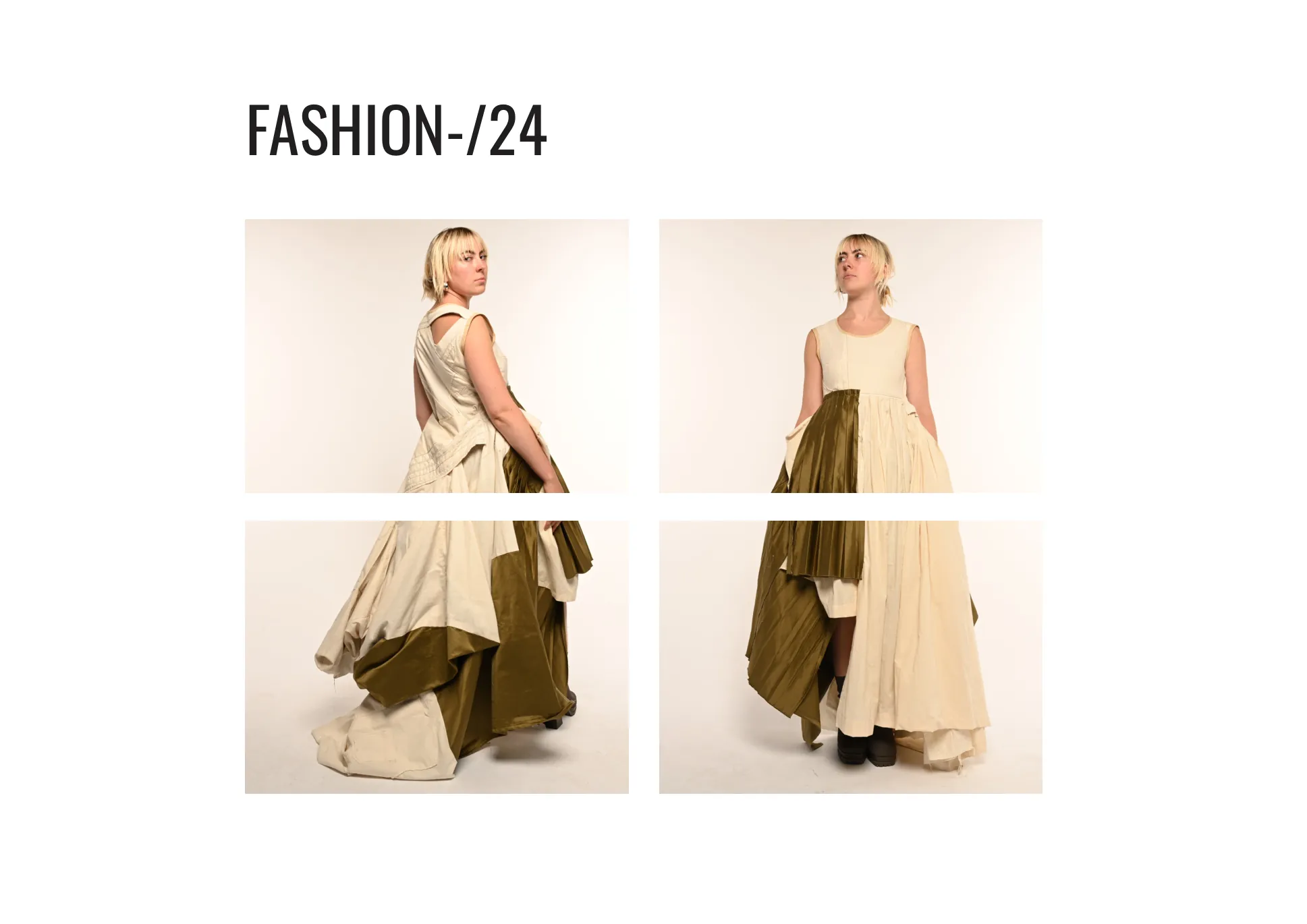 'Fashion /24' spread — a four-up grid of the gown from front, back and side, showing the fitted bodice and flowing skirt.