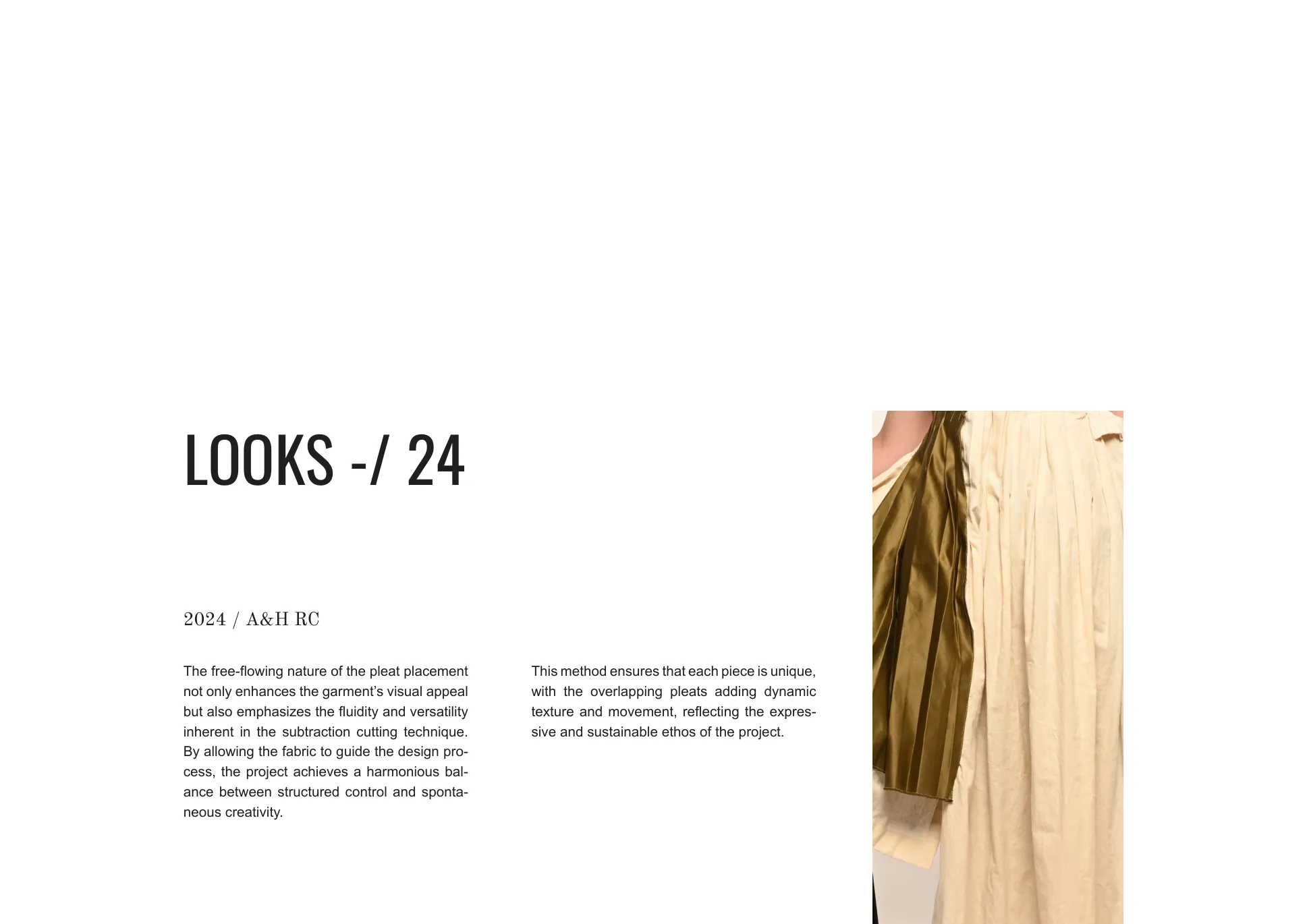 Detail spread — close-up of the olive pleats meeting the cream cotton, beside text on the free-flowing pleat placement.