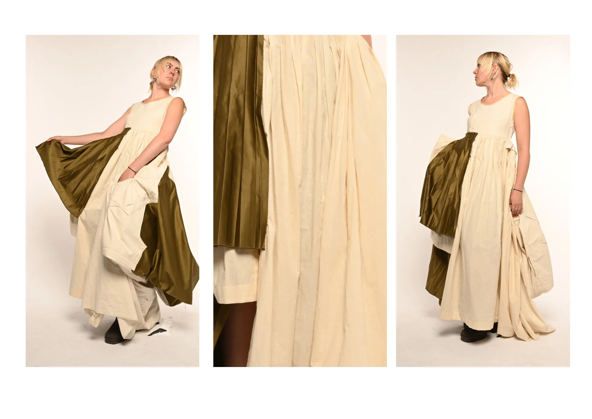 Three-up spread — front, drape detail and side views of the finished gown.