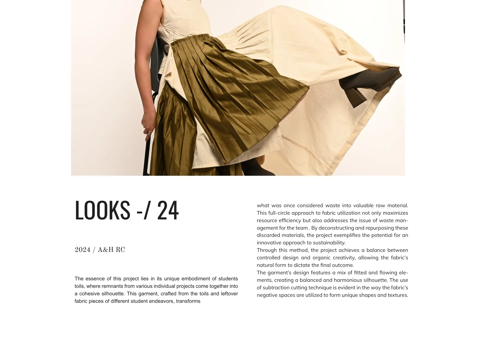 'Looks /24' spread — the gown caught mid-movement with the pleated olive panel lifting, beside text on turning waste into raw material.