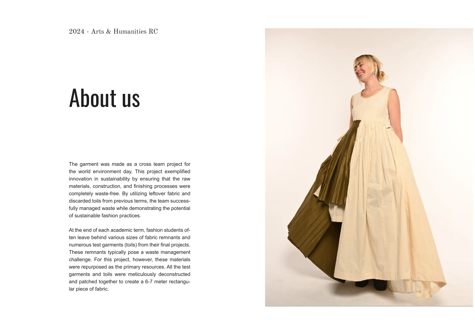 'About us' spread — the finished cream-and-olive gown worn standing, beside the write-up on the World Environment Day brief.