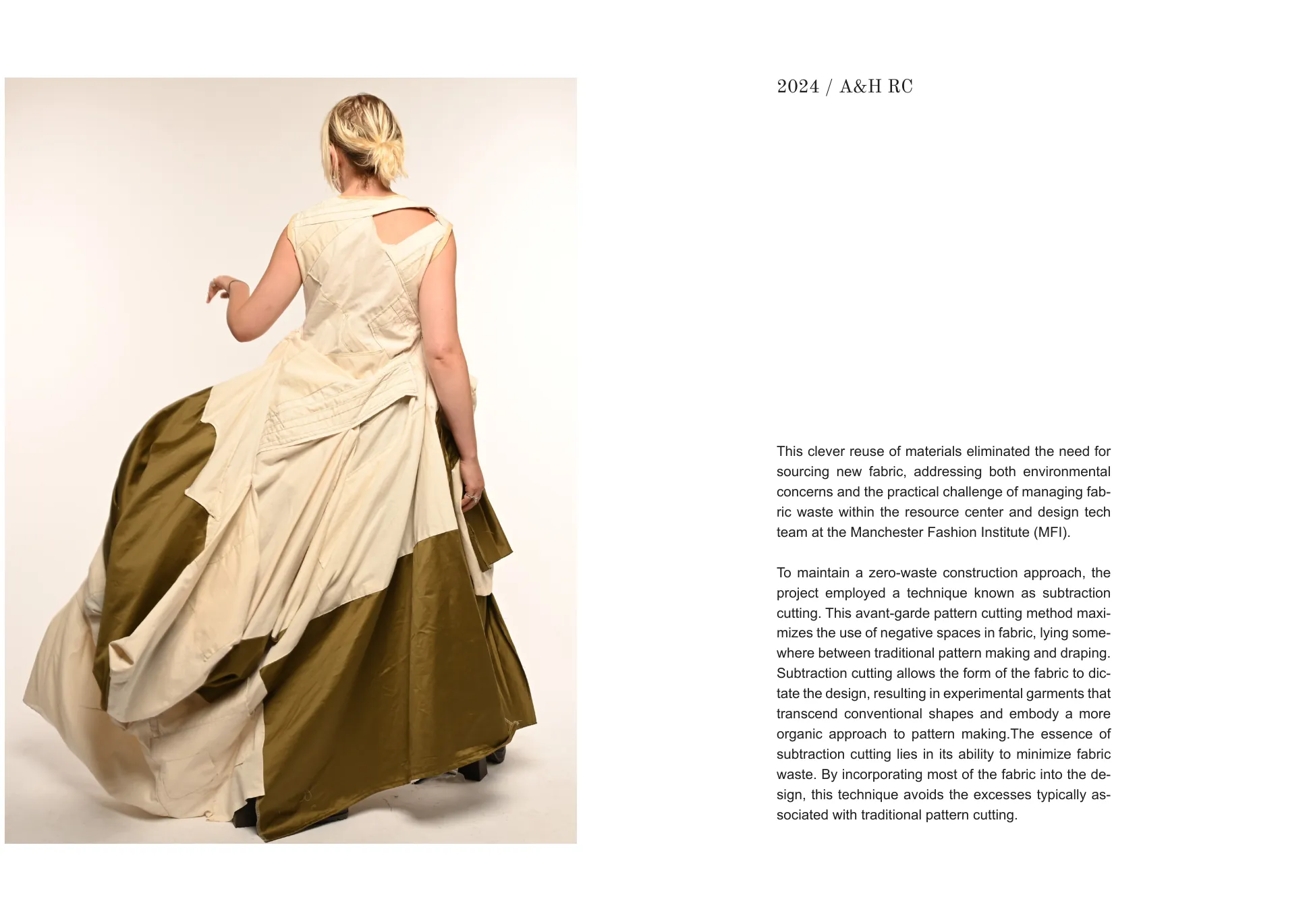 Back-view spread — the gown in motion showing the cut-out back bodice, over text on the subtraction-cutting method.