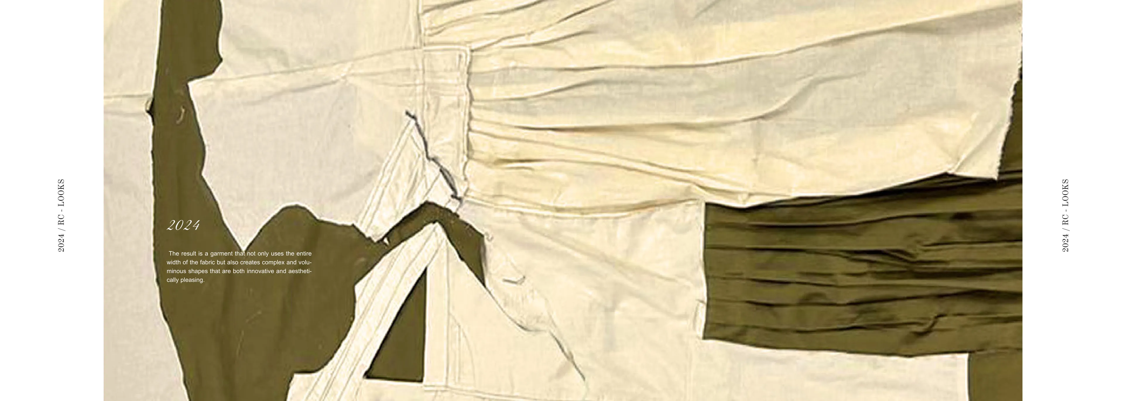 Fabric-detail spread — a continuous close-up of the patched cream-and-olive yardage that forms the garment.