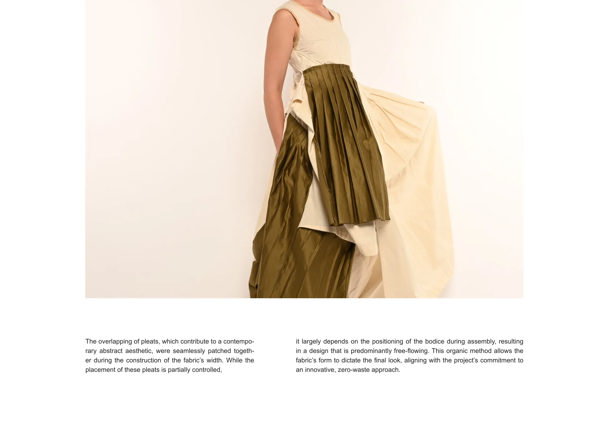 Construction spread — the overlapping olive pleats falling from the waist, beside notes on how pleat placement follows the bodice.