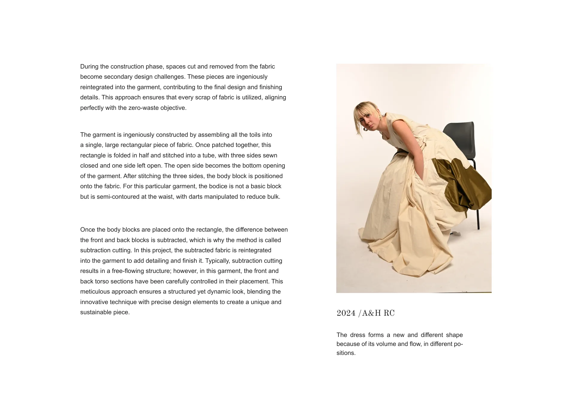 Construction spread — the model crouching in the voluminous gown, beside text on assembling the toils into one rectangle and subtracting the body block.
