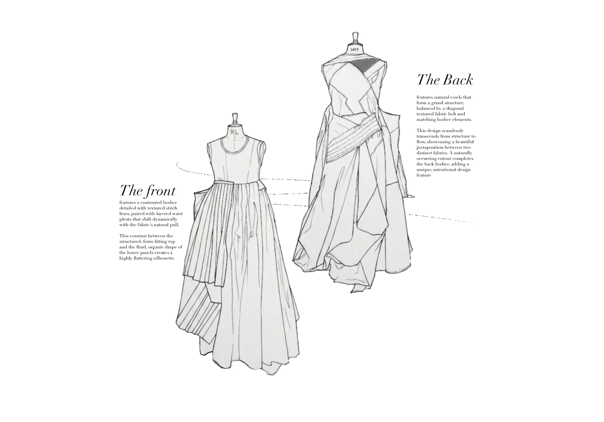 'The Front' and 'The Back' — technical illustrations of the finished gown's contoured bodice, waist pleats and cowled, cut-out back.