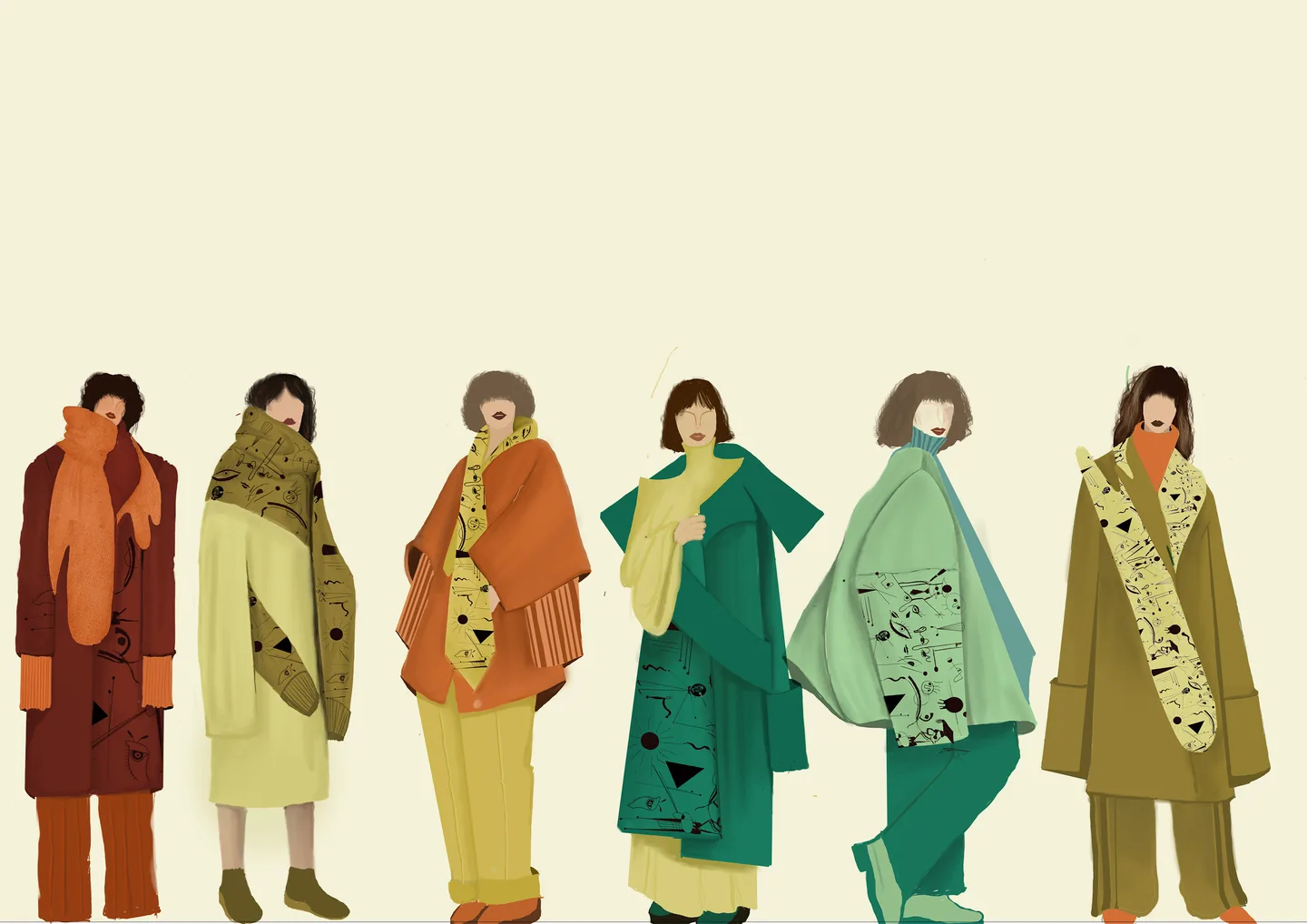 Range plan — six illustrated looks in rust, olive, teal and lemon, each styled with the doodle-embroidered panel or scarf.