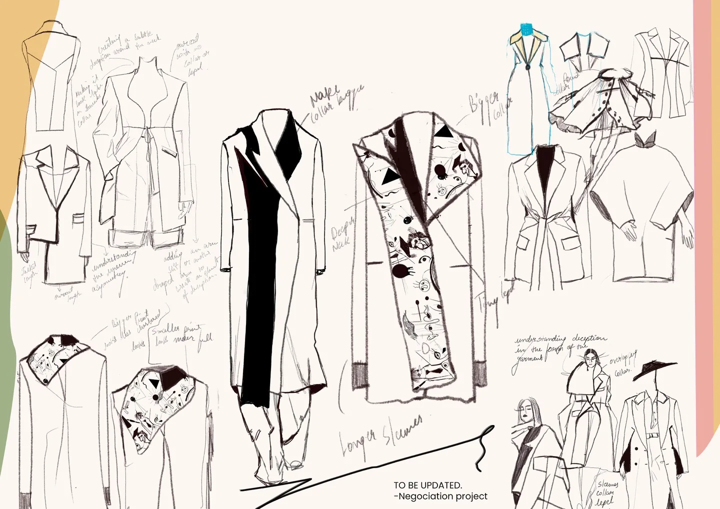 Silhouette development — annotated coat sketches exploring bigger collars, deeper necks, longer sleeves and the printed lapel panel.