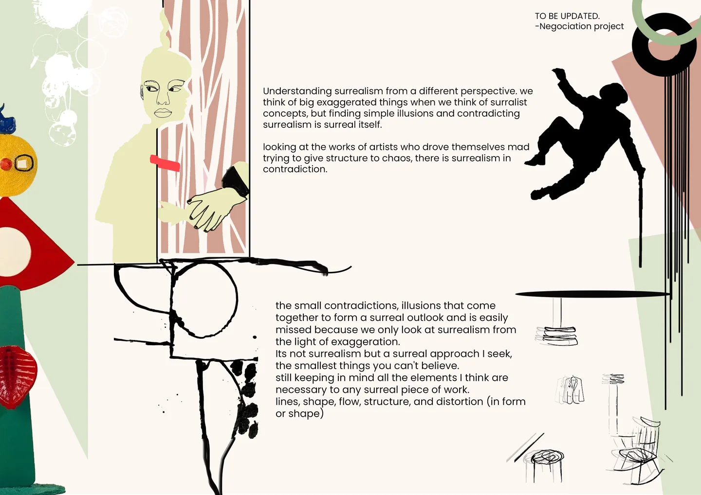 Concept spread — understanding surrealism through small contradictions and simple illusions rather than exaggeration.
