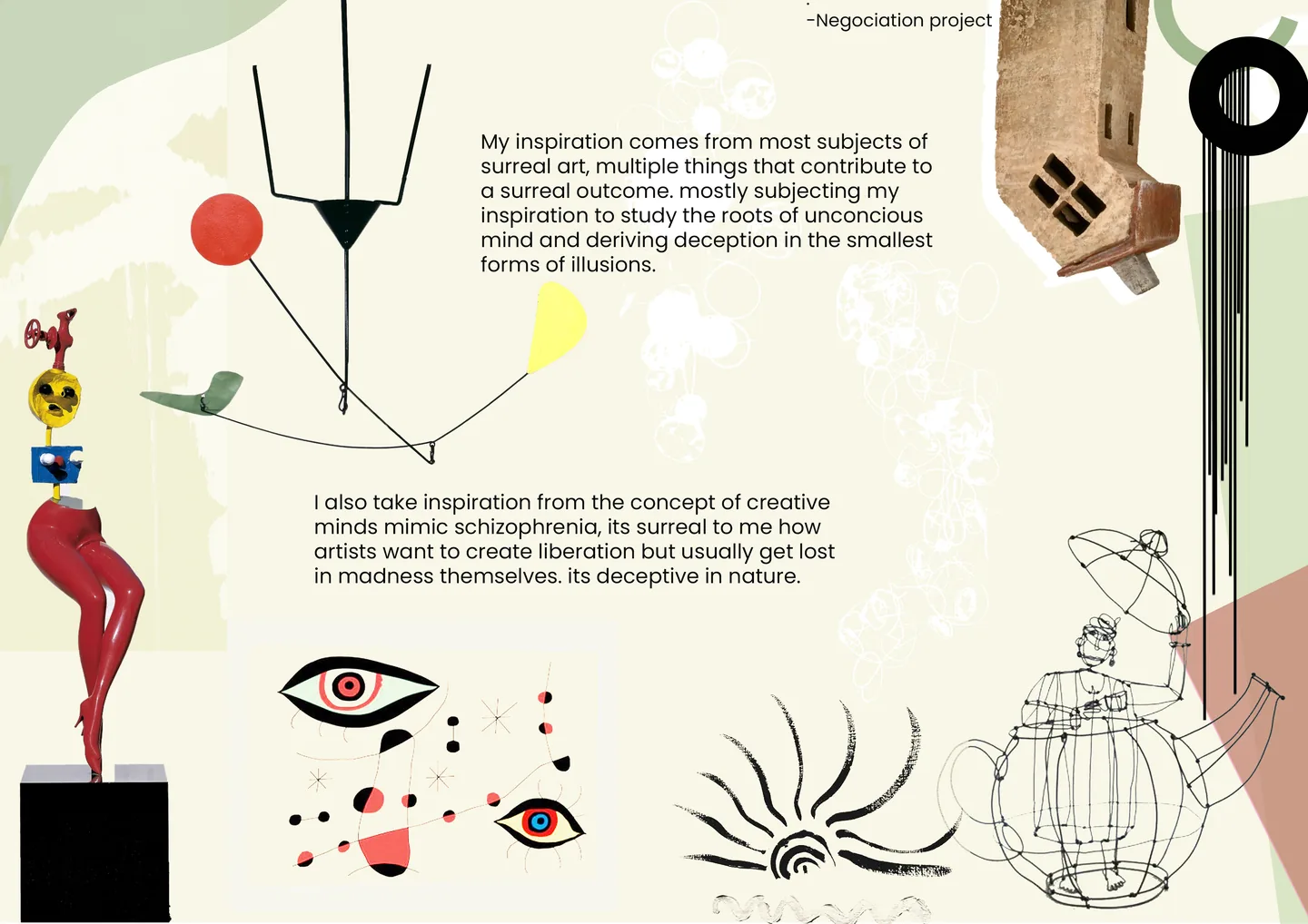 Concept spread — surreal art references, Calder-style mobiles and wire sculpture, on studying the unconscious mind and deception in the smallest illusions.