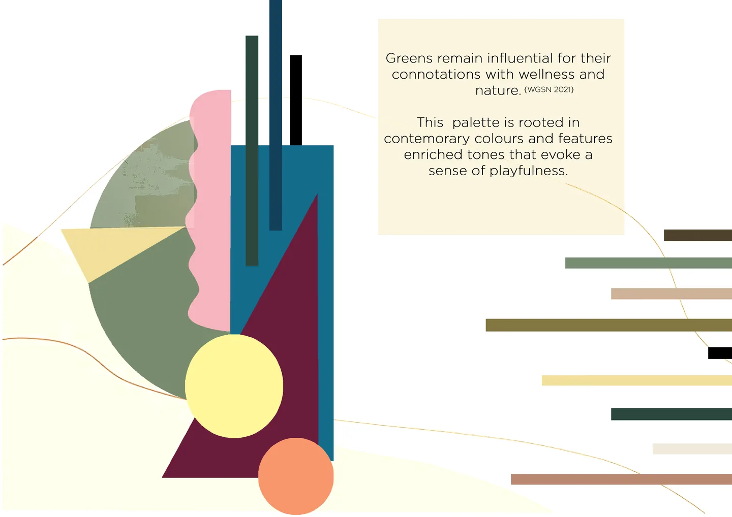 Colour board — enriched contemporary greens, pastels and accents laid out as abstract shapes and swatch bars.