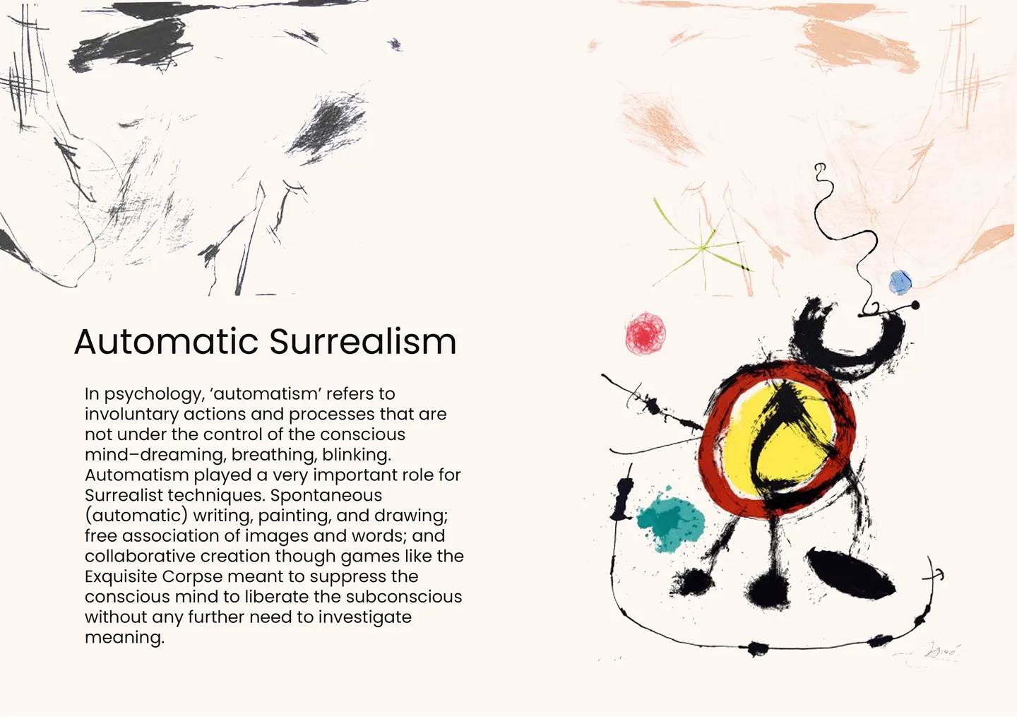 Process — automatic surrealism: spontaneous drawing to suppress the conscious mind, with a Miró reference plate.