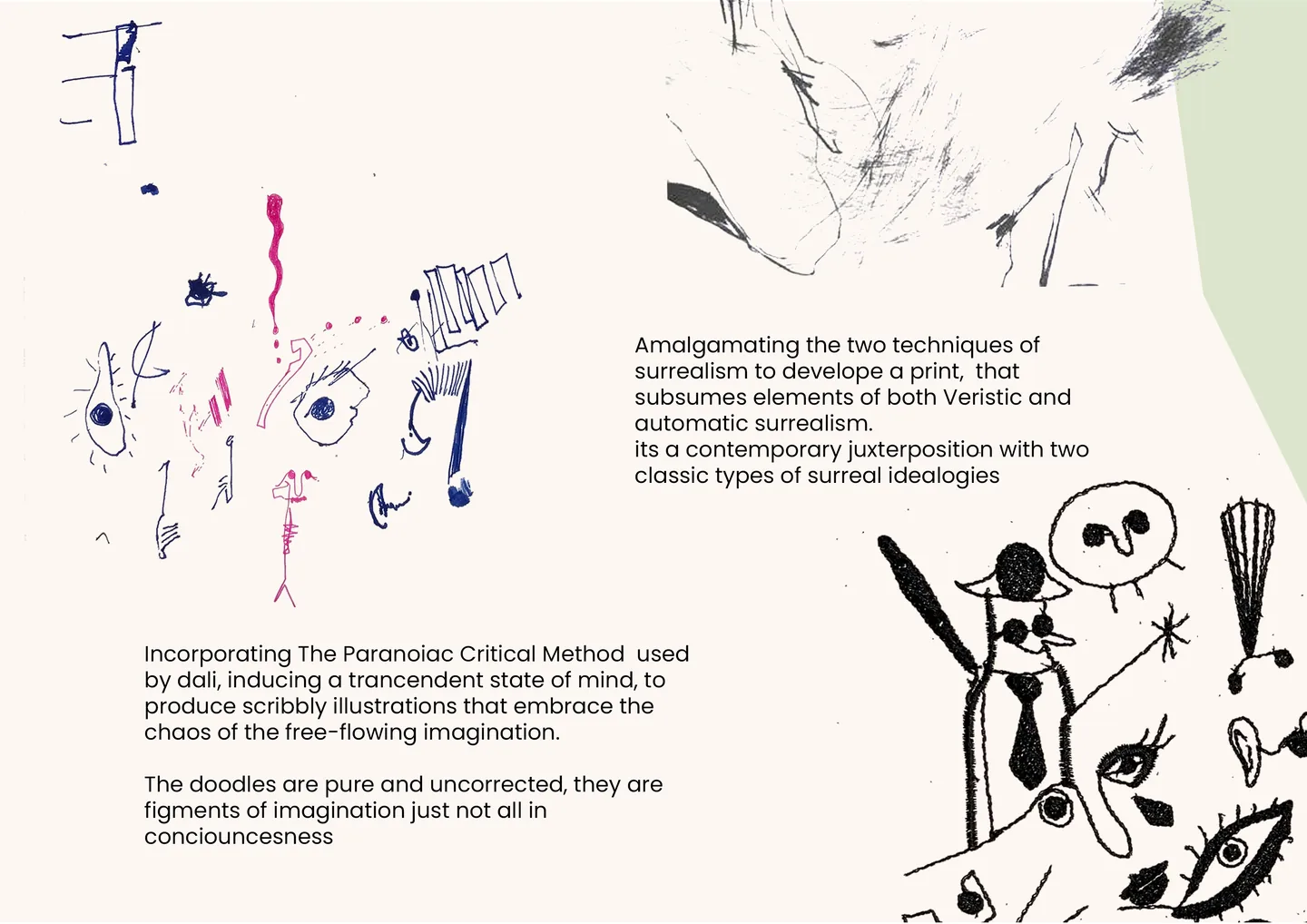 Process — raw pen doodles amalgamating veristic and automatic surrealism into a print via the Paranoiac Critical Method.