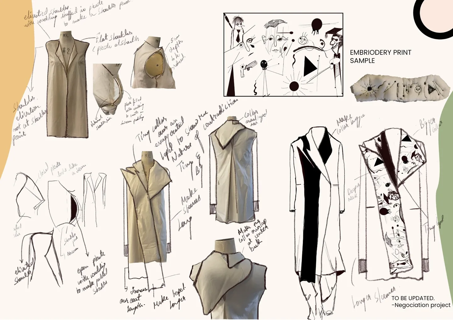 Fit development — toiles on the stand with notes on shoulder elevation, collar overlap and pleats, beside the embroidery print sample.