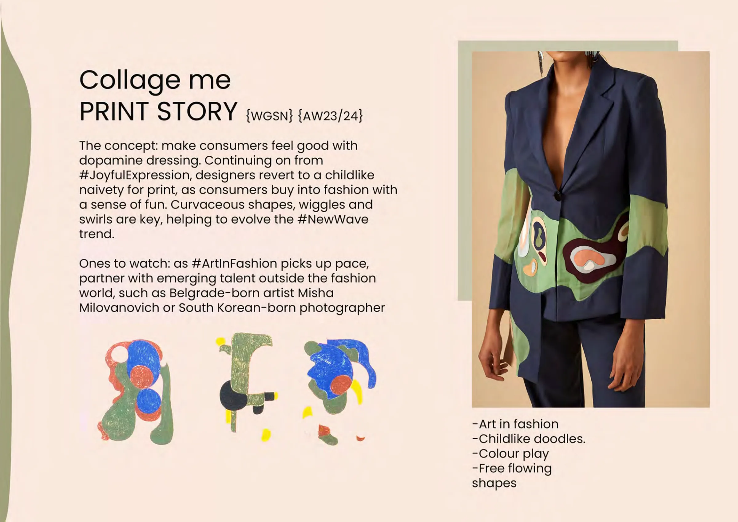 Trend analysis — 'Collage Me' print story: childlike doodles and free-flowing shapes from WGSN A/W 23/24.