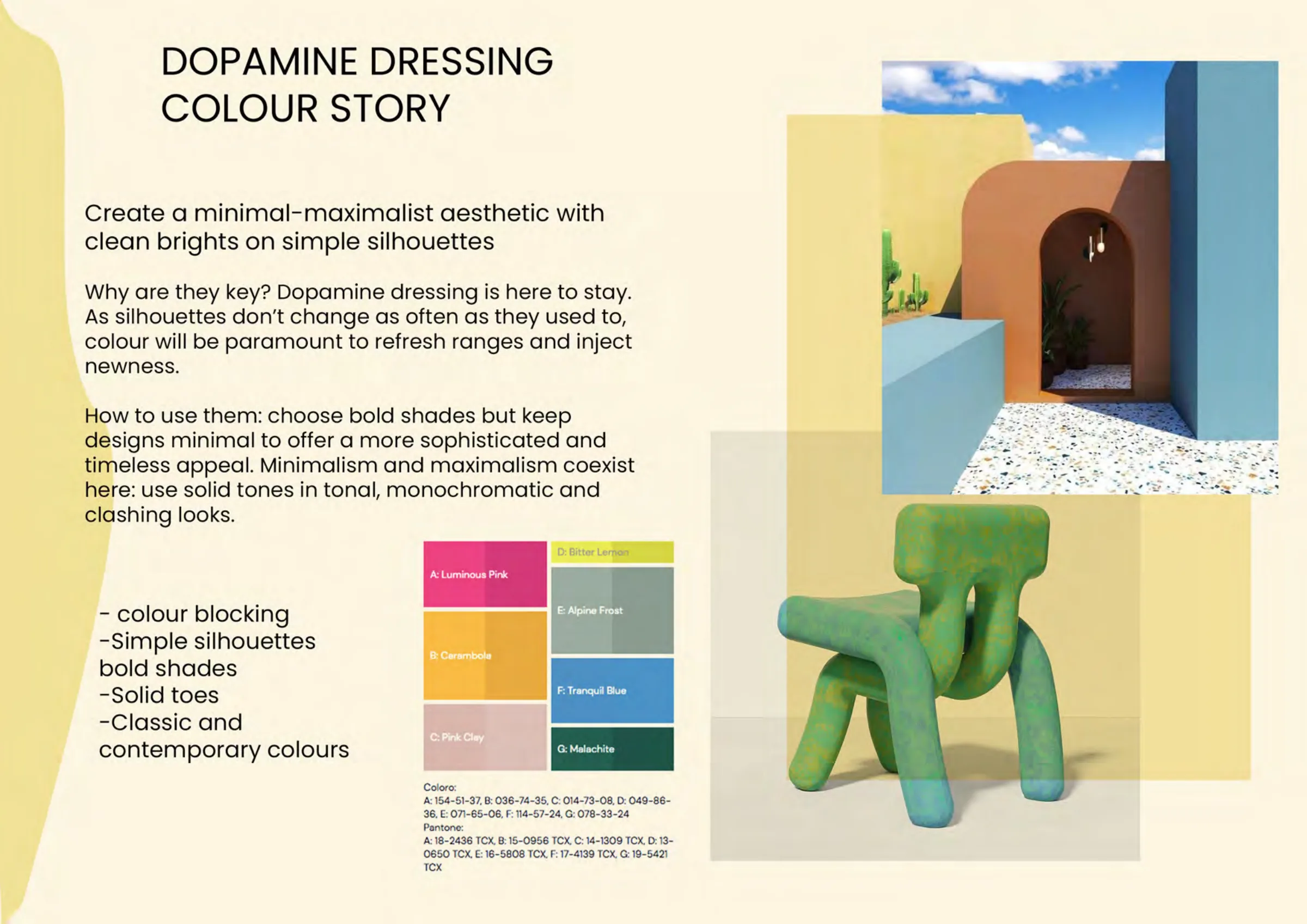Trend analysis — 'Dopamine Dressing' colour story: clean brights on simple silhouettes with swatch palette.