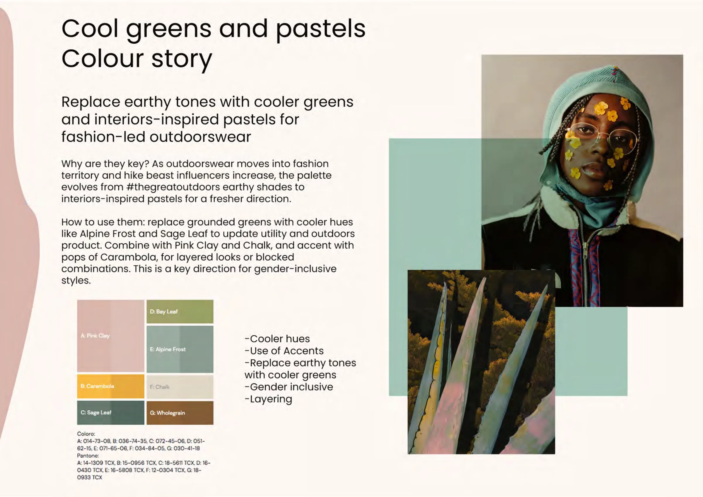 Trend analysis — 'Cool Greens and Pastels' colour story: alpine frost, sage leaf and pink clay palette direction.
